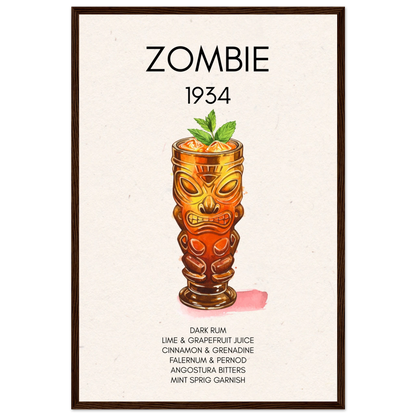 Zombie Tiki Cocktail Bar Art Print Dark Brown Wood Frame 40x60 cm 16x24″ Premium Matte Paper Wooden Framed Poster