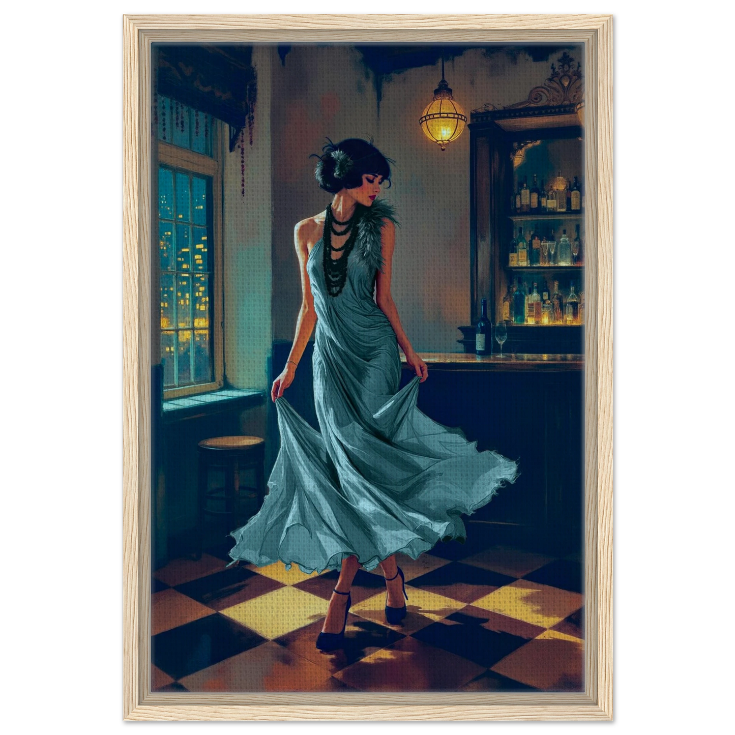 1920s Flapper Speakeasy Art Print 40x60 cm 16x24″ Framed Canvas Light Wood Frame