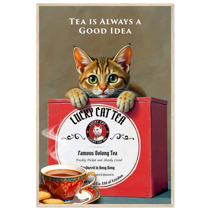 Tabby Lucky Cat Tea Vintage Kitchen Art Print Light Wood Frame 60x90 cm 24x36″ Classic Matte Paper Wooden Framed Poster