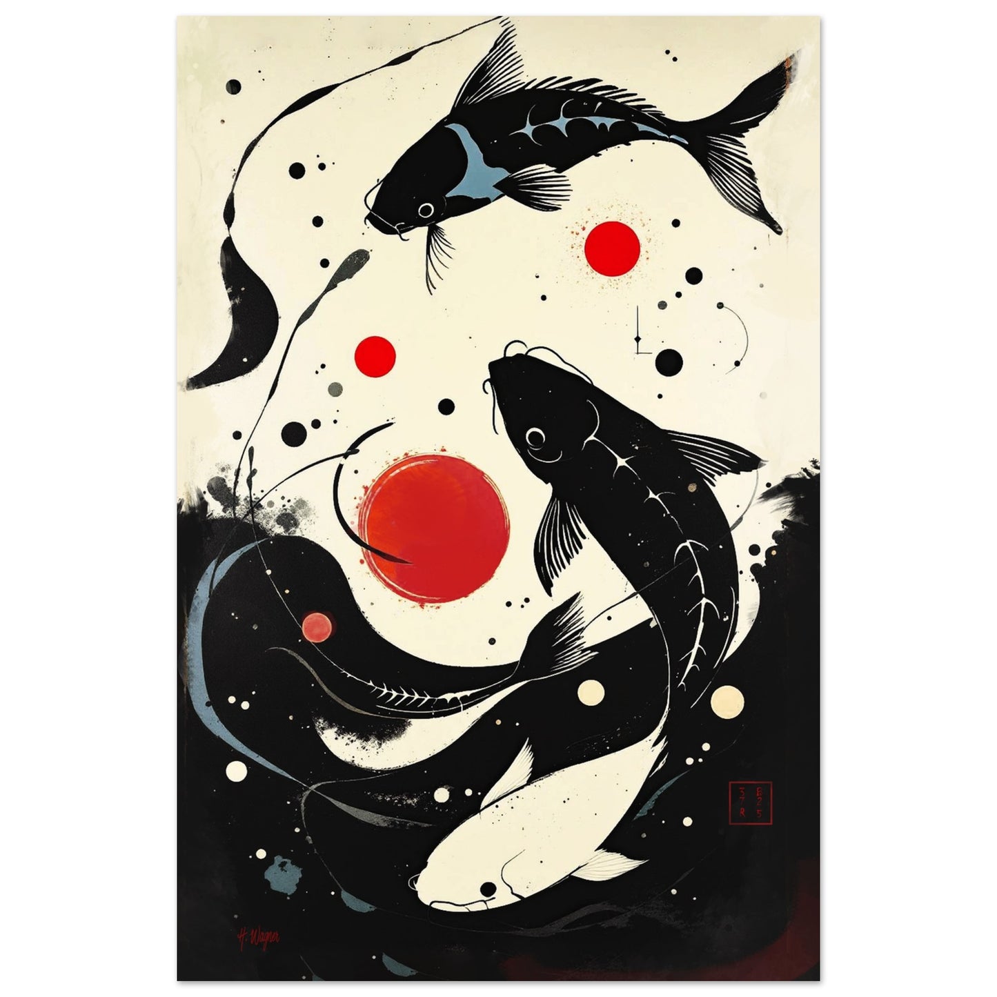 Mid-Century Modern Koi Fish Art Poster Print – Framed Abstract Black White Wall Décor 40x60 cm 16x24″ Premium Matte Paper Poster No Frame