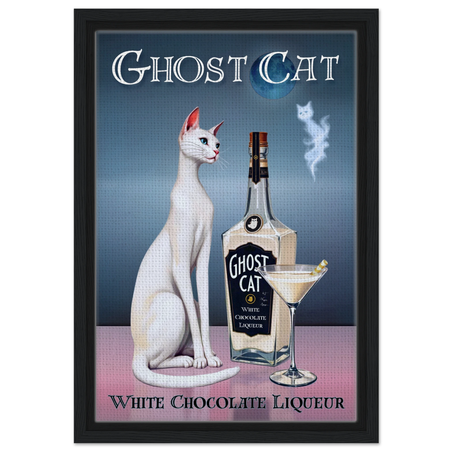 White Cat Martini Cocktail Bar Art Print 30x45 cm 12x18″ Framed Canvas Black Wood frame