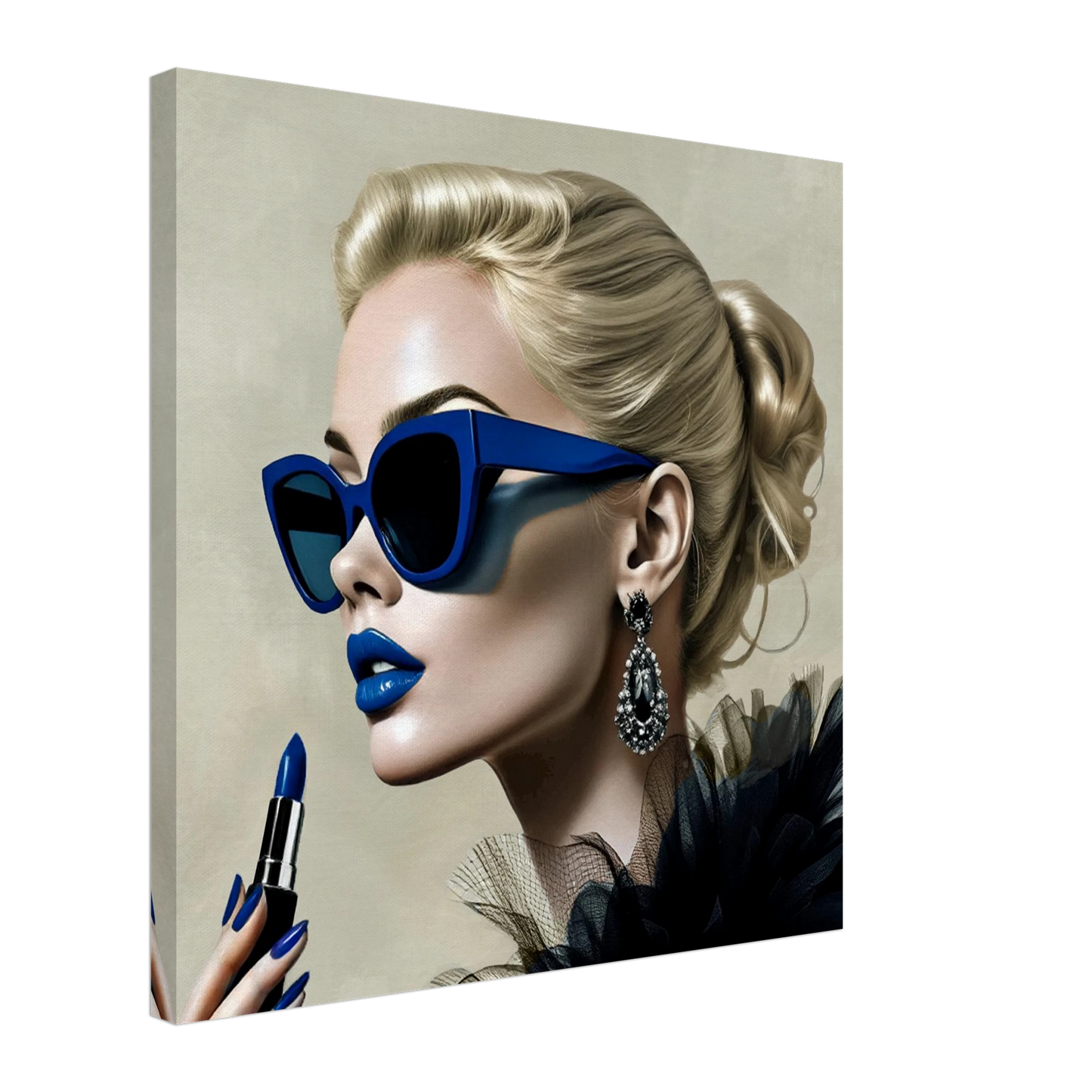Retro Fashion Model Blue Lipstick Art Print 60x60 cm 24x24″ Gallery Wrapped Canvas