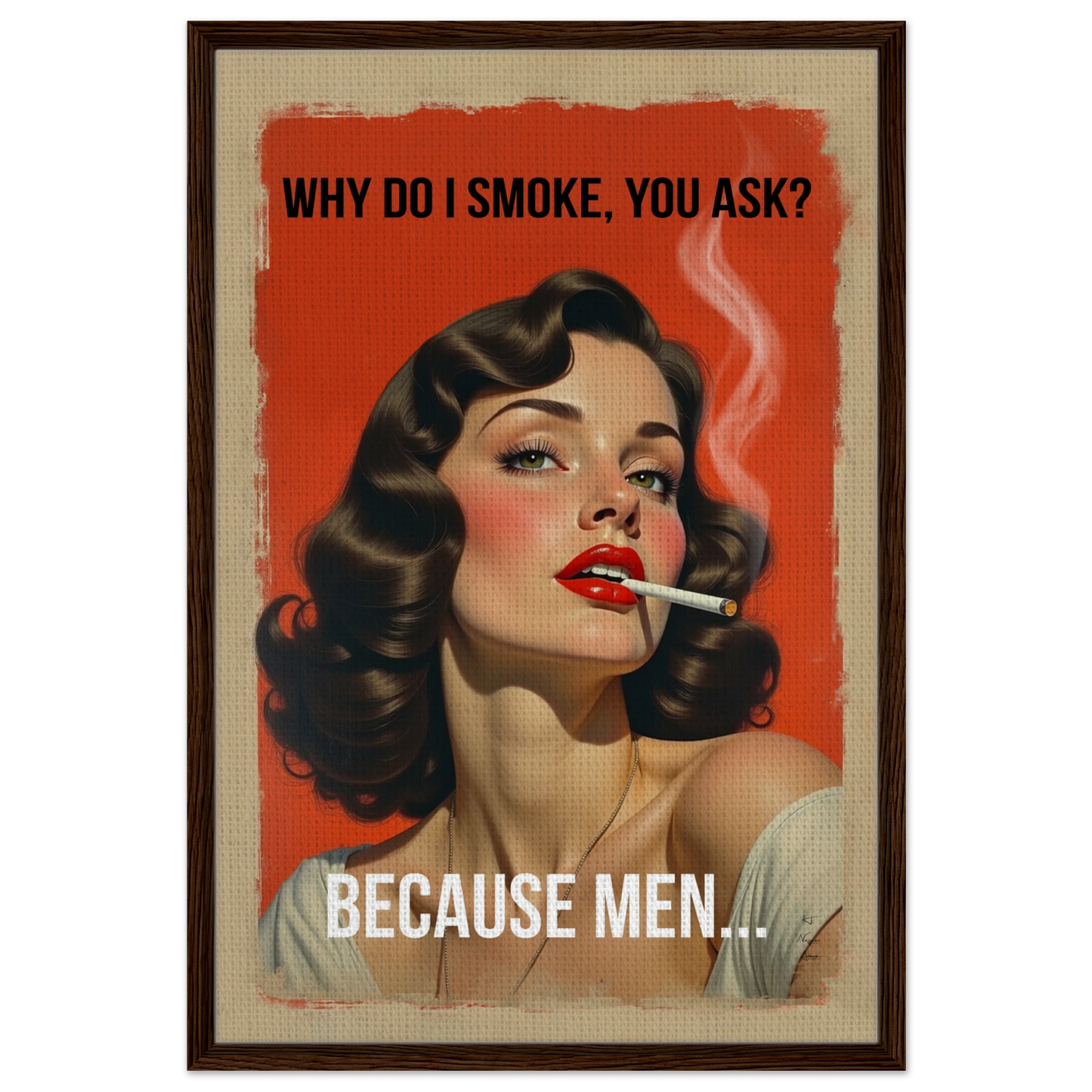 Retro Smoking Pin-Up Girl Art Print Dark Brown Wood Frame 60x90 cm 24x36″ Framed Canvas