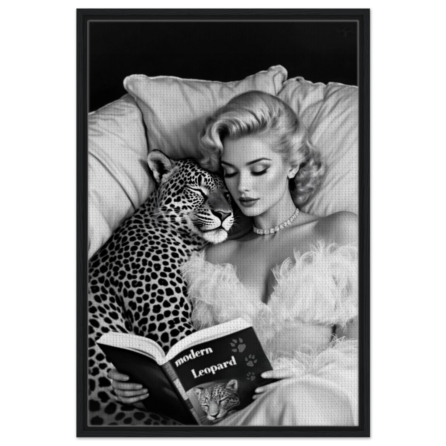 Hollywood Starlet Leopard Cat Art Print 60x90 cm 24x36″ Framed Canvas Black Wood Frame