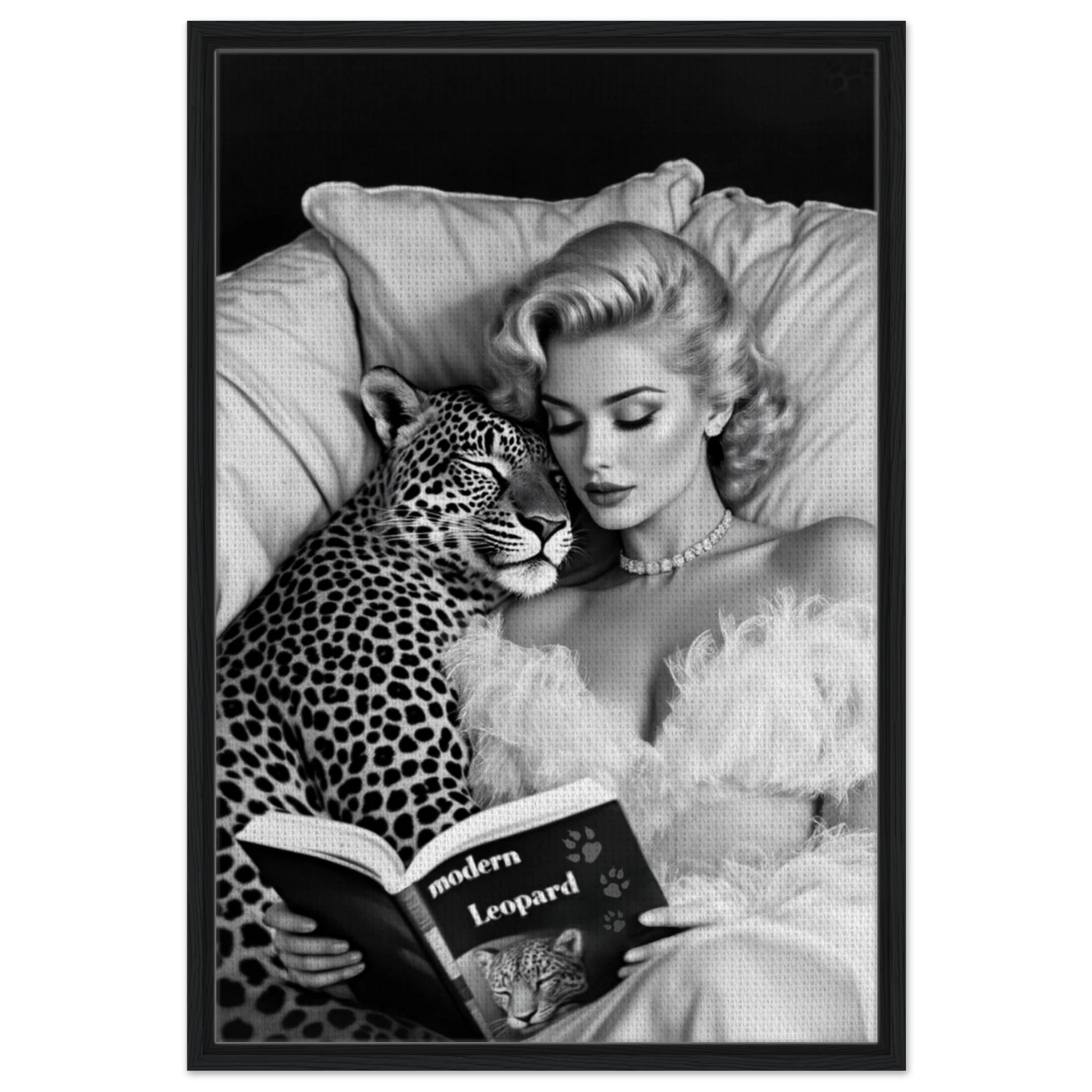 Hollywood Starlet Leopard Cat Art Print 60x90 cm 24x36″ Framed Canvas Black Wood Frame