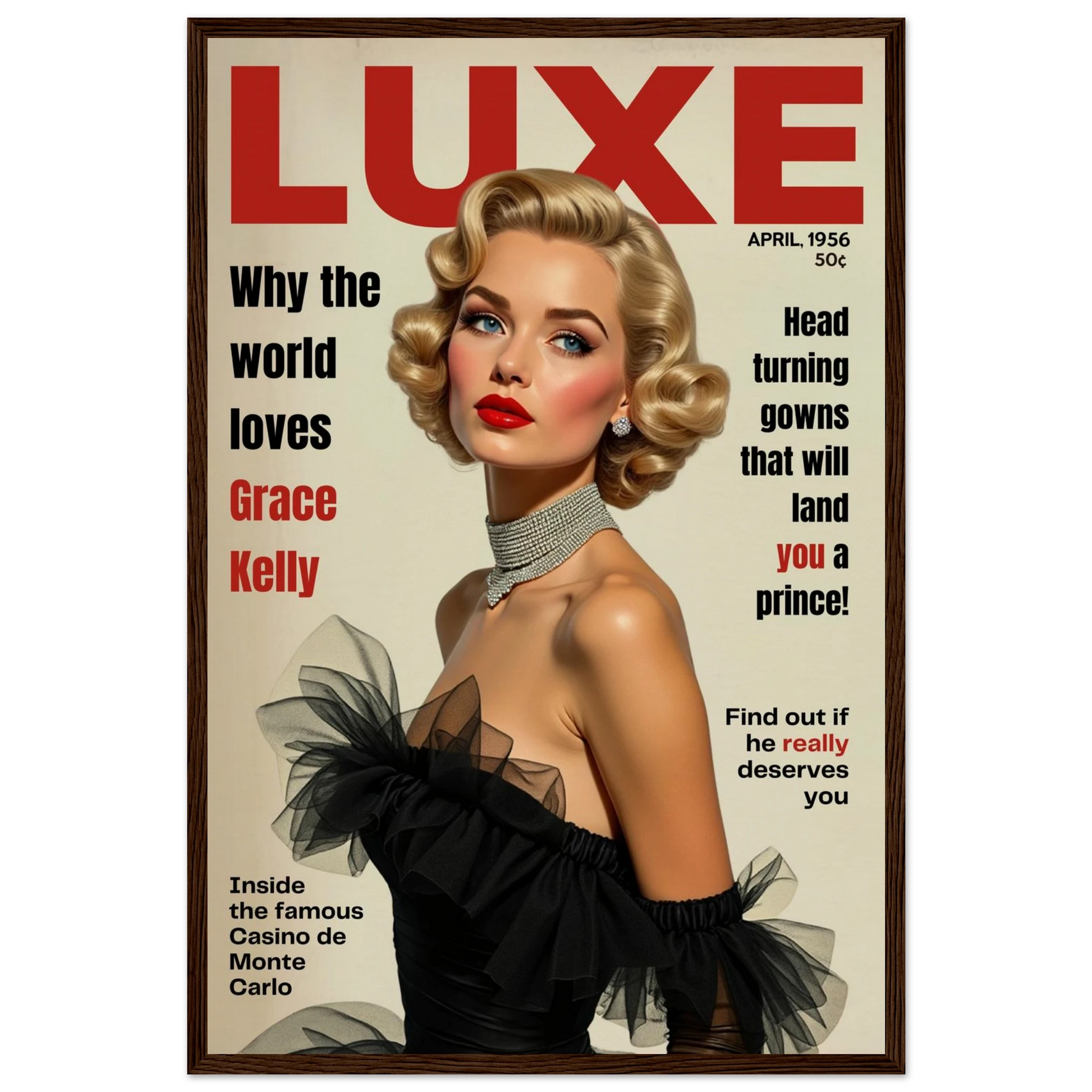 Grace Kelly Hollywood Glam Magazine Art Print Dark Brown Wood Frame 40x60 cm 16x24″ Museum-Quality Matte Framed Poster
