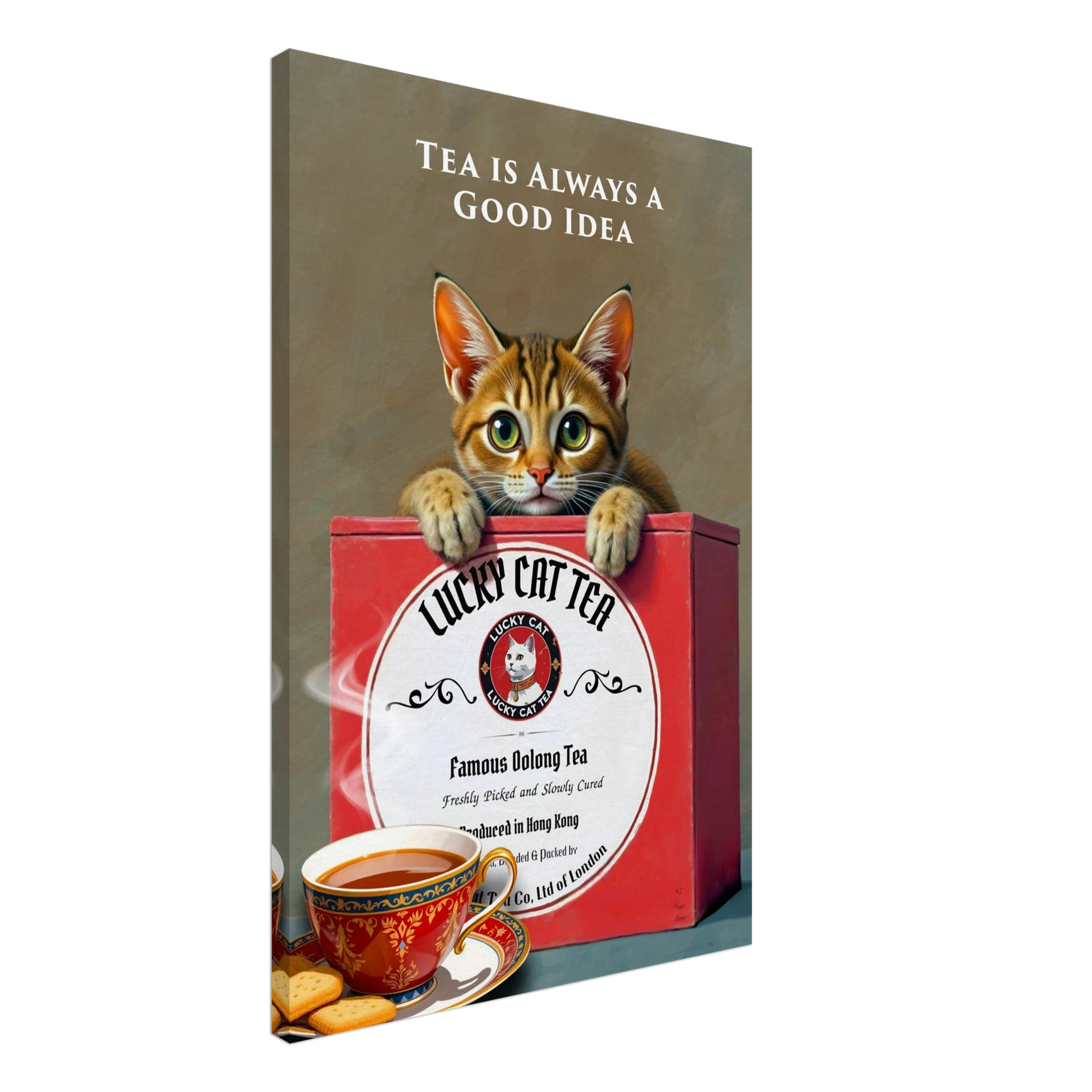 Tabby Lucky Cat Tea Vintage Kitchen Art Print No Frame 60x90 cm 24x36″ Gallery Wrapped Canvas