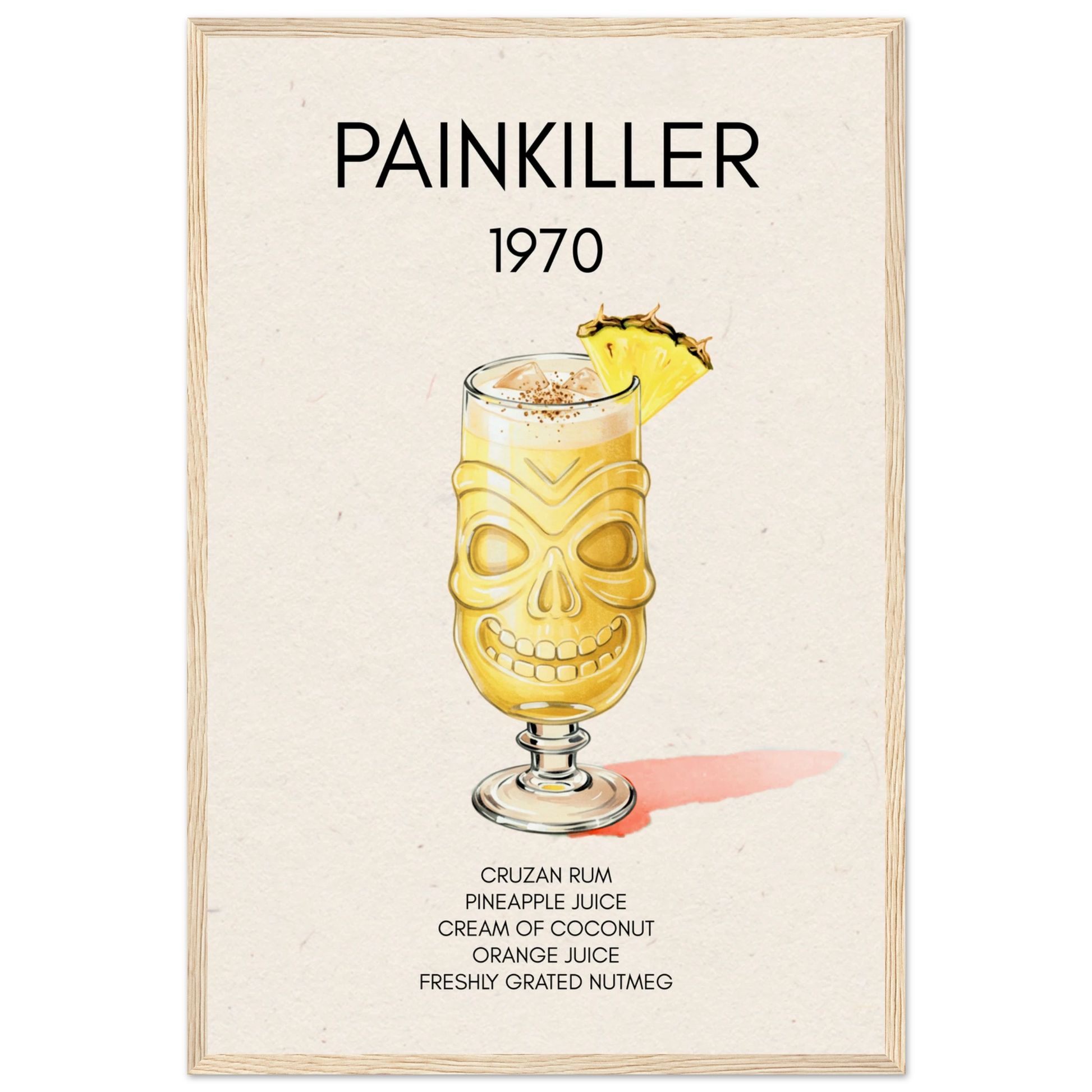 Painkiller Cocktail Bar Art Tiki Print Light Wood Frame 40x60 cm 16x24″ Museum-Quality Matte Paper Wooden Framed Poster
