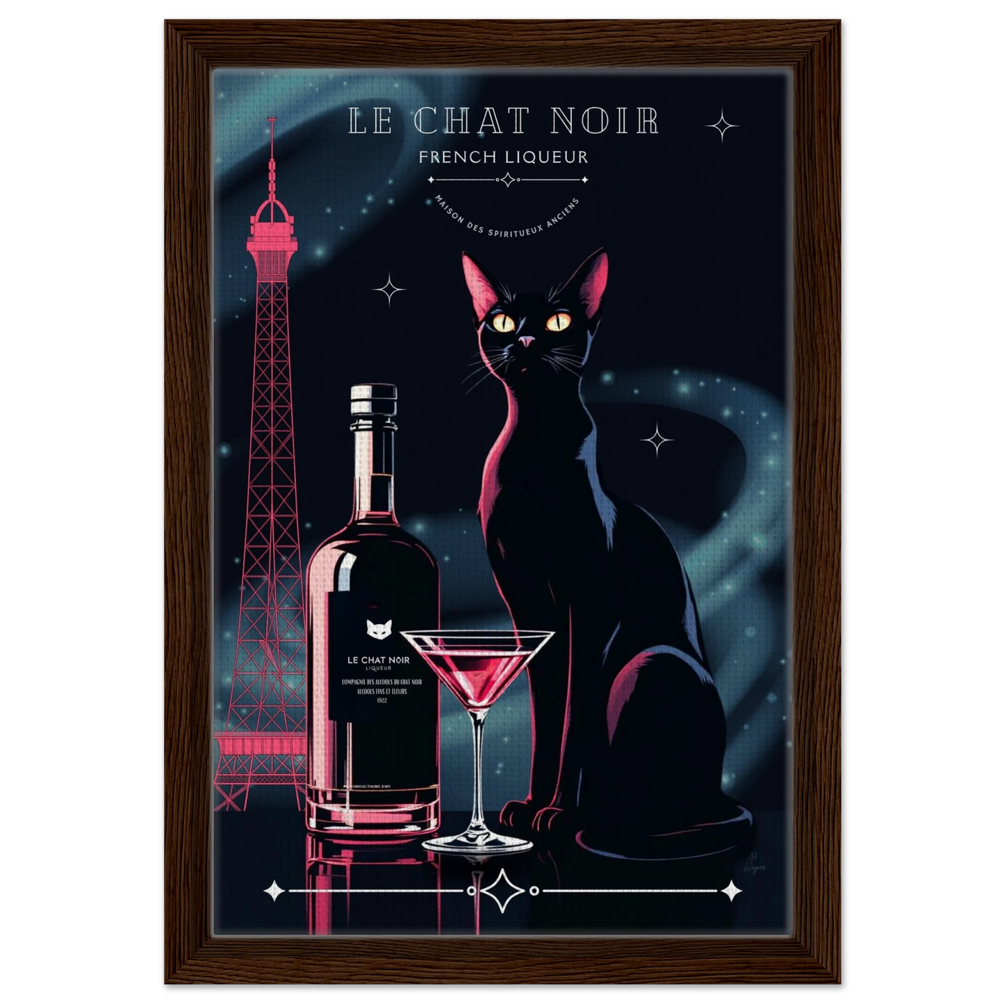 Art Deco Le Chat Noir French Black Cat Art Print 30x45 cm 12x18″ Framed Canvas Dark wood frame