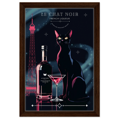 Art Deco Le Chat Noir French Black Cat Art Print 30x45 cm 12x18″ Framed Canvas Dark wood frame