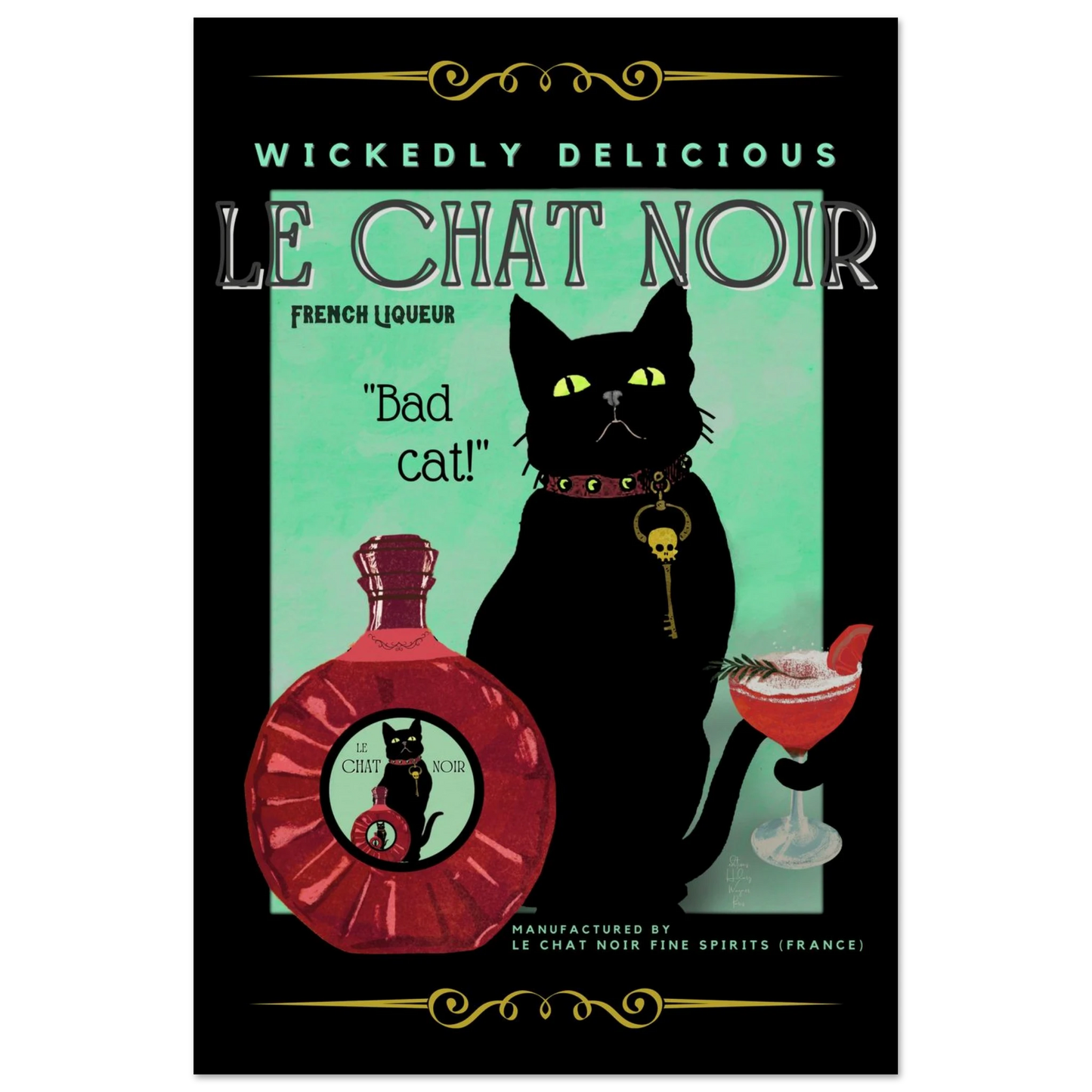 Black Cat Cocktail French Art Deco Print 30x45 cm 12x18″ Museum-Quality Matte Paper Poster No Frame