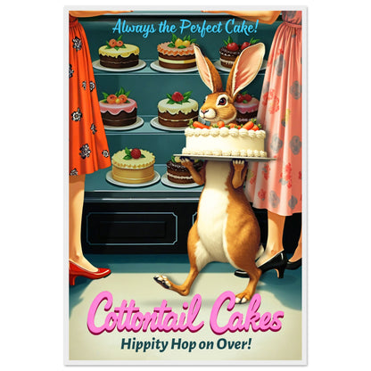 Cottontail Cakes 1950s Rabbit Art Print 60x90 cm 24x36″ Classic Matte Framed Poster - White Wood