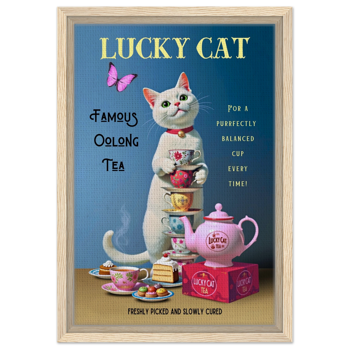 White Lucky Cat Tea Vintage Fine Art Print Light Wood Frame 30x45 cm 12x18″ Framed Canvas