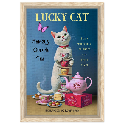 White Lucky Cat Tea Vintage Fine Art Print Light Wood Frame 30x45 cm 12x18″ Framed Canvas