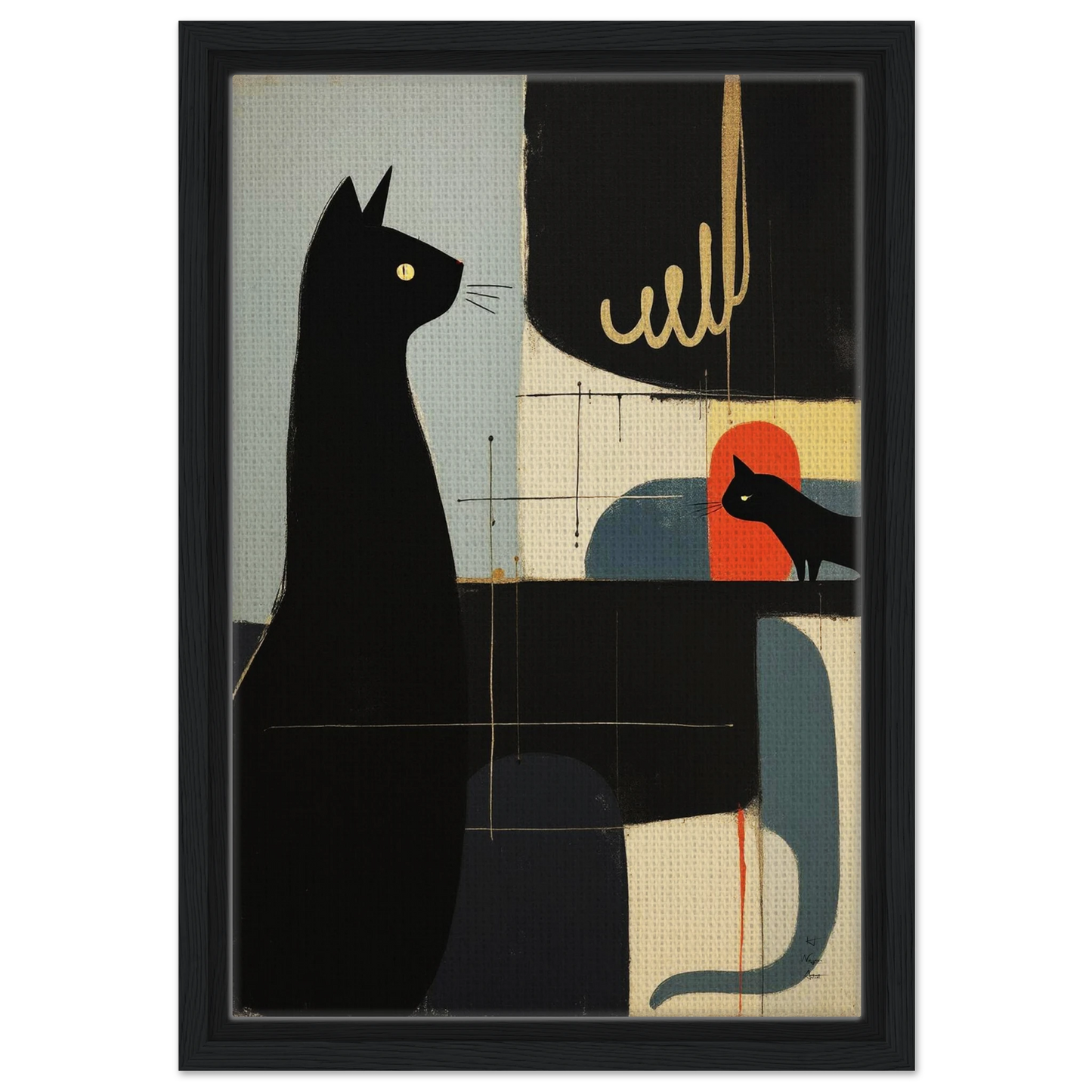 Abstract Cat & Kitten Modern Art Print Black Wood Frame 30x45 cm 12x18″ Framed Canvas