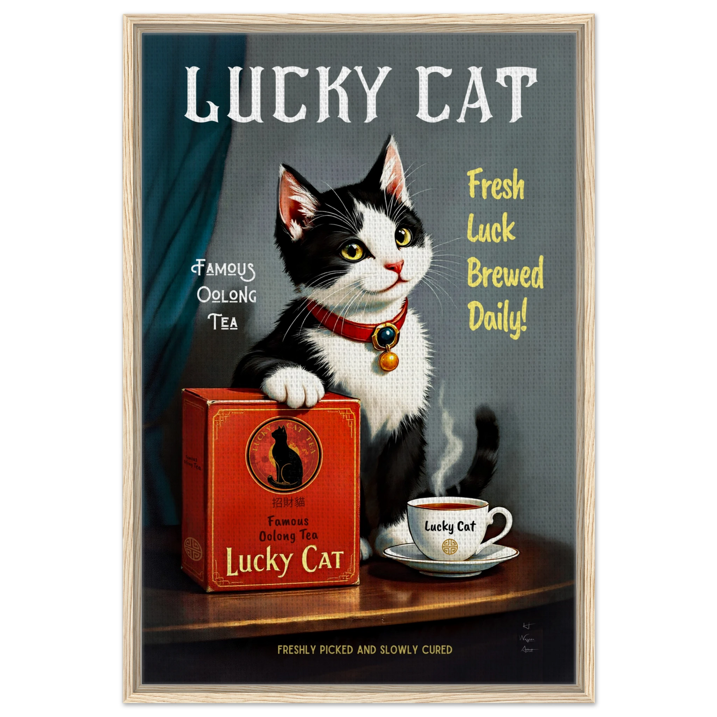 Lucky Tuxedo Cat Tea Kitchen Art Print 60x90 cm 24x36″ Framed Canvas Light Wood Frame