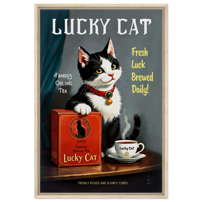 Lucky Tuxedo Cat Tea Kitchen Art Print 60x90 cm 24x36″ Framed Canvas Light Wood Frame