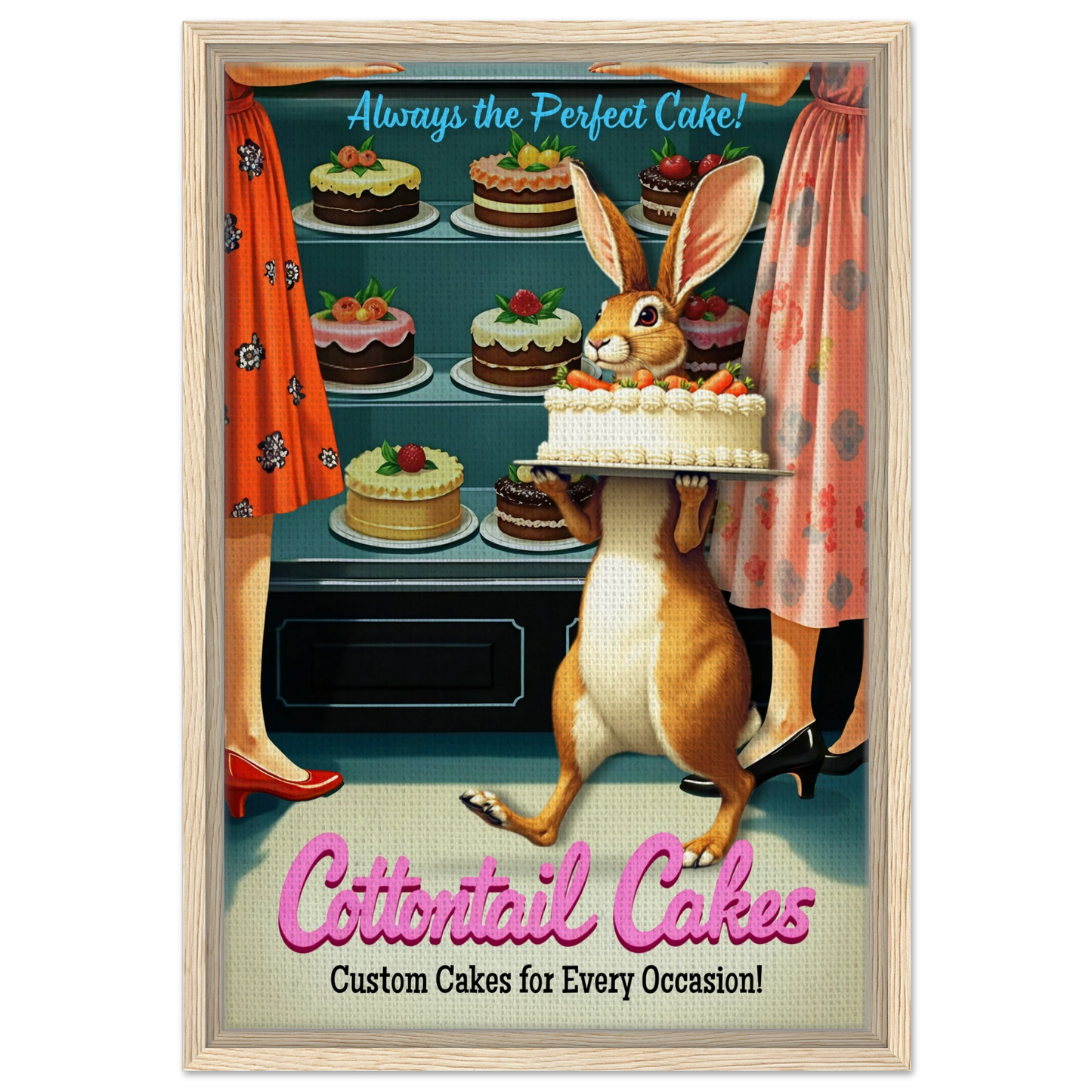 Cottontail Rabbit Bakery 1950s Kitchen Print Light Wood Frame 40x60 cm 16x24″ Framed Canvas