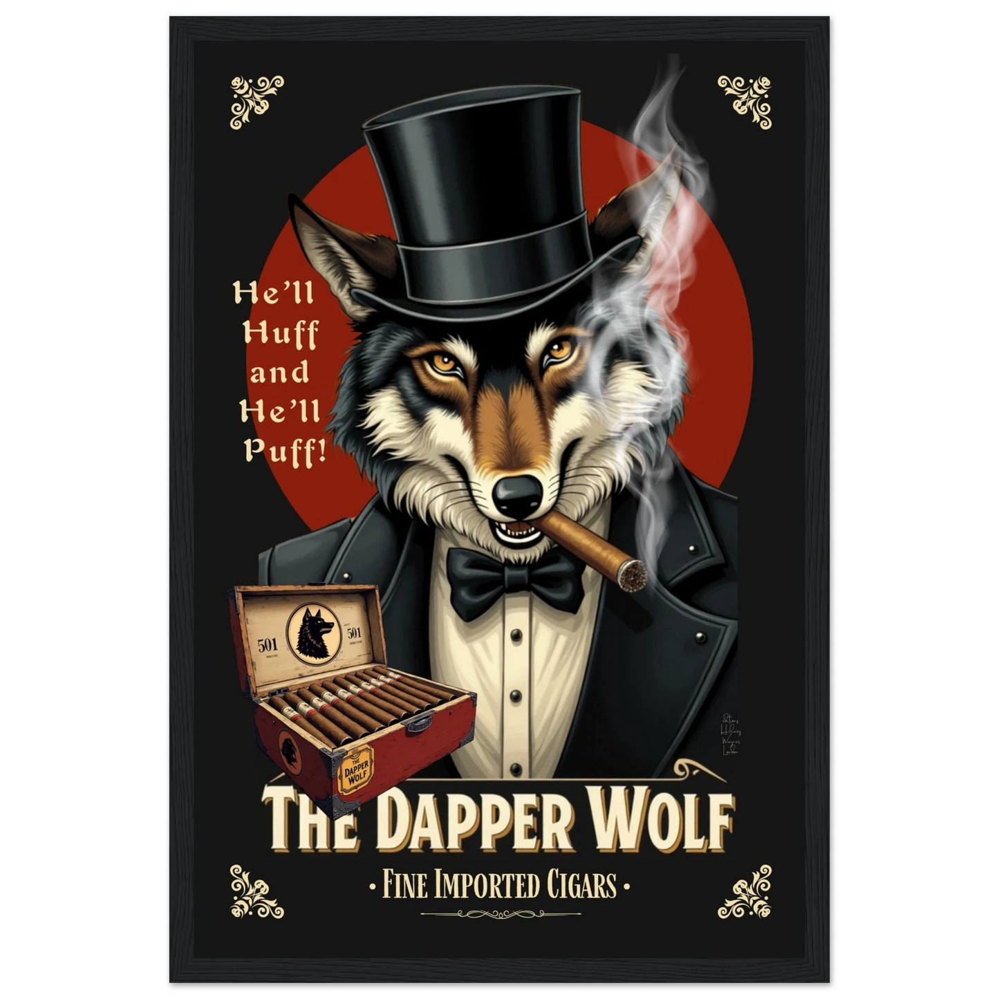 Smoking Wolf Retro Cigar Art Print 30x45 cm 12x18″ Classic Matte Paper Wooden Framed Poster Black Wood frame
