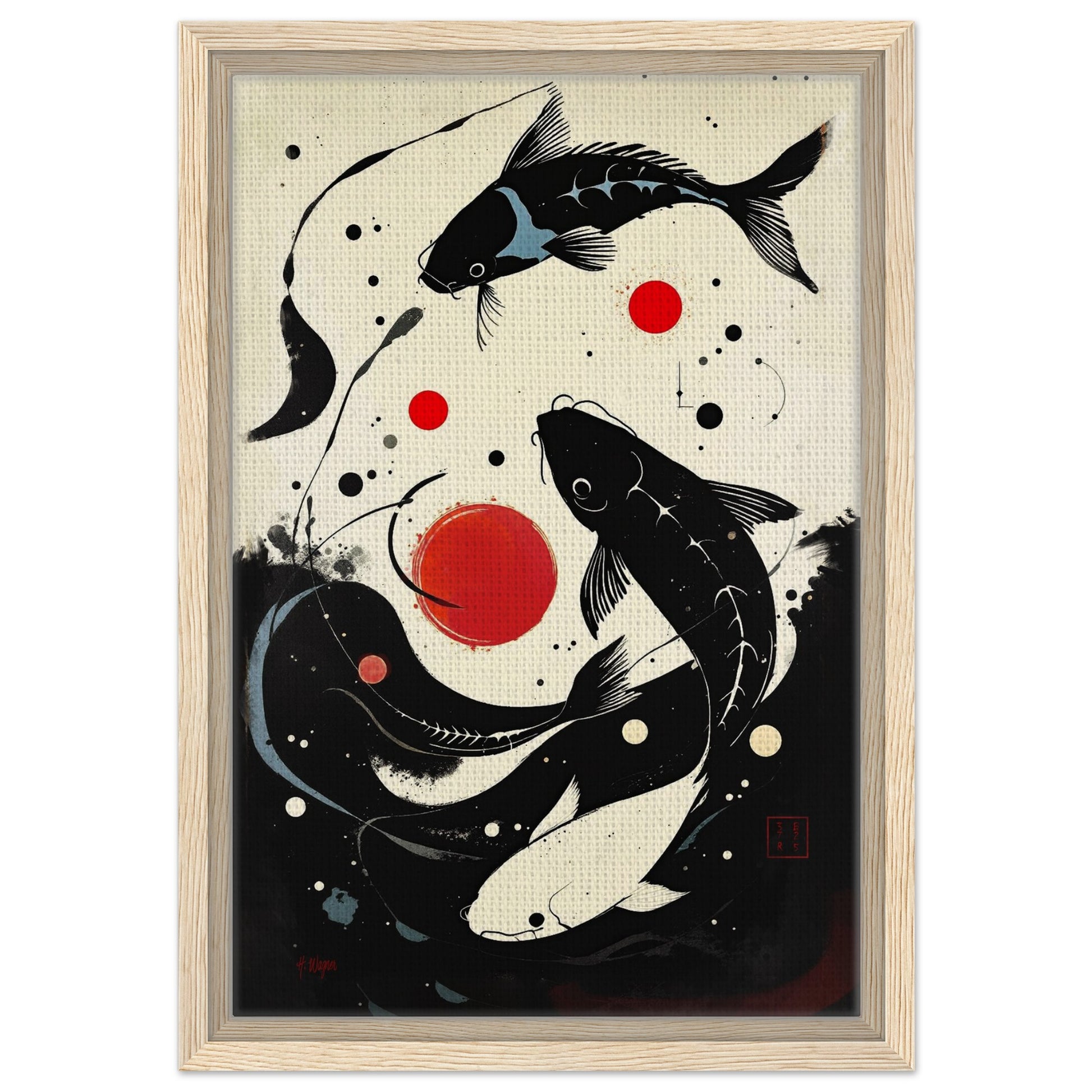 Mid-Century Modern Koi Fish Art Poster Print – Framed Abstract Black White Wall Décor 30x45 cm 12x18″ Framed Canvas Light Wood Frame
