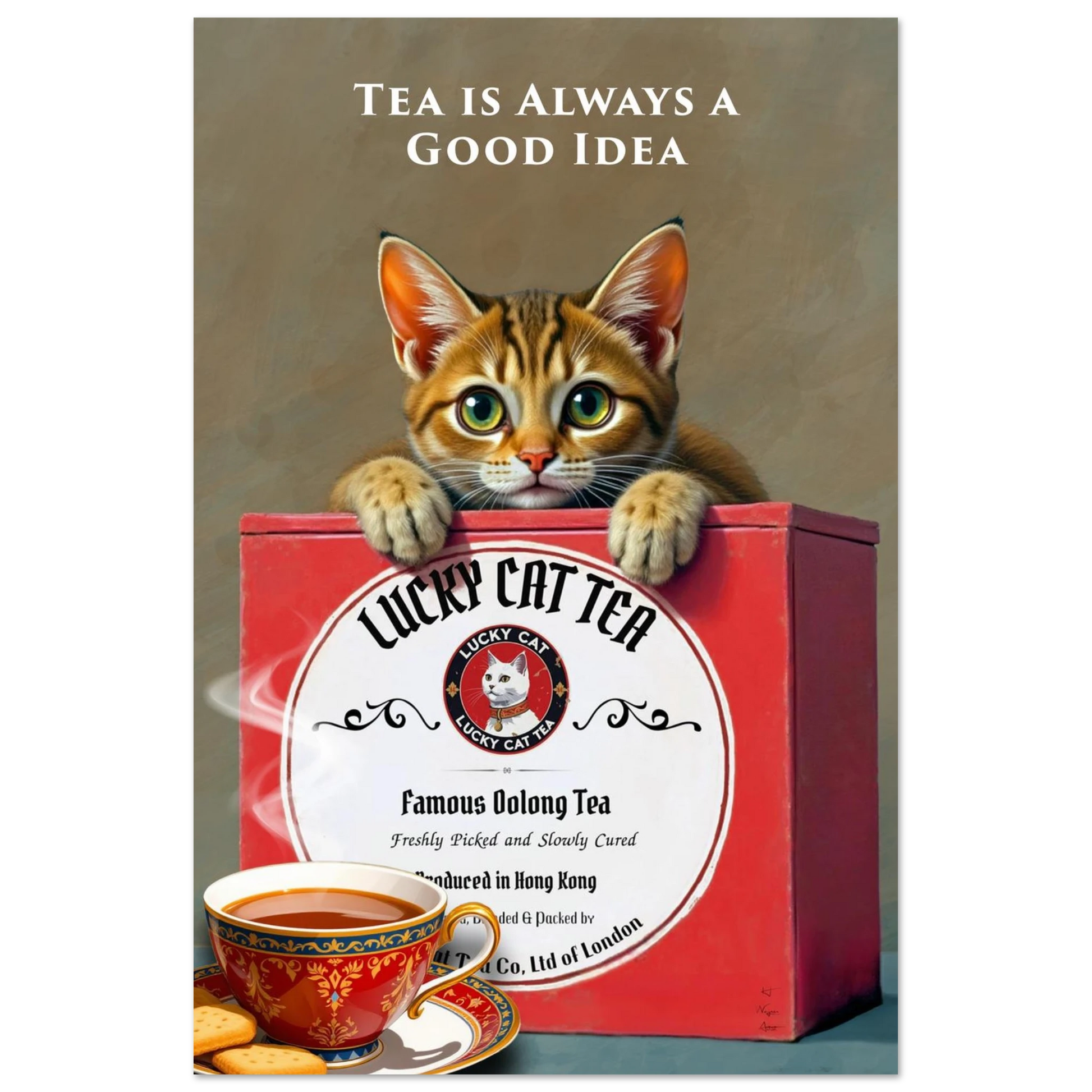 Tabby Lucky Cat Tea Vintage Kitchen Art Print No Frame 60x90 cm 24x36″ Premium Matte Paper Poster