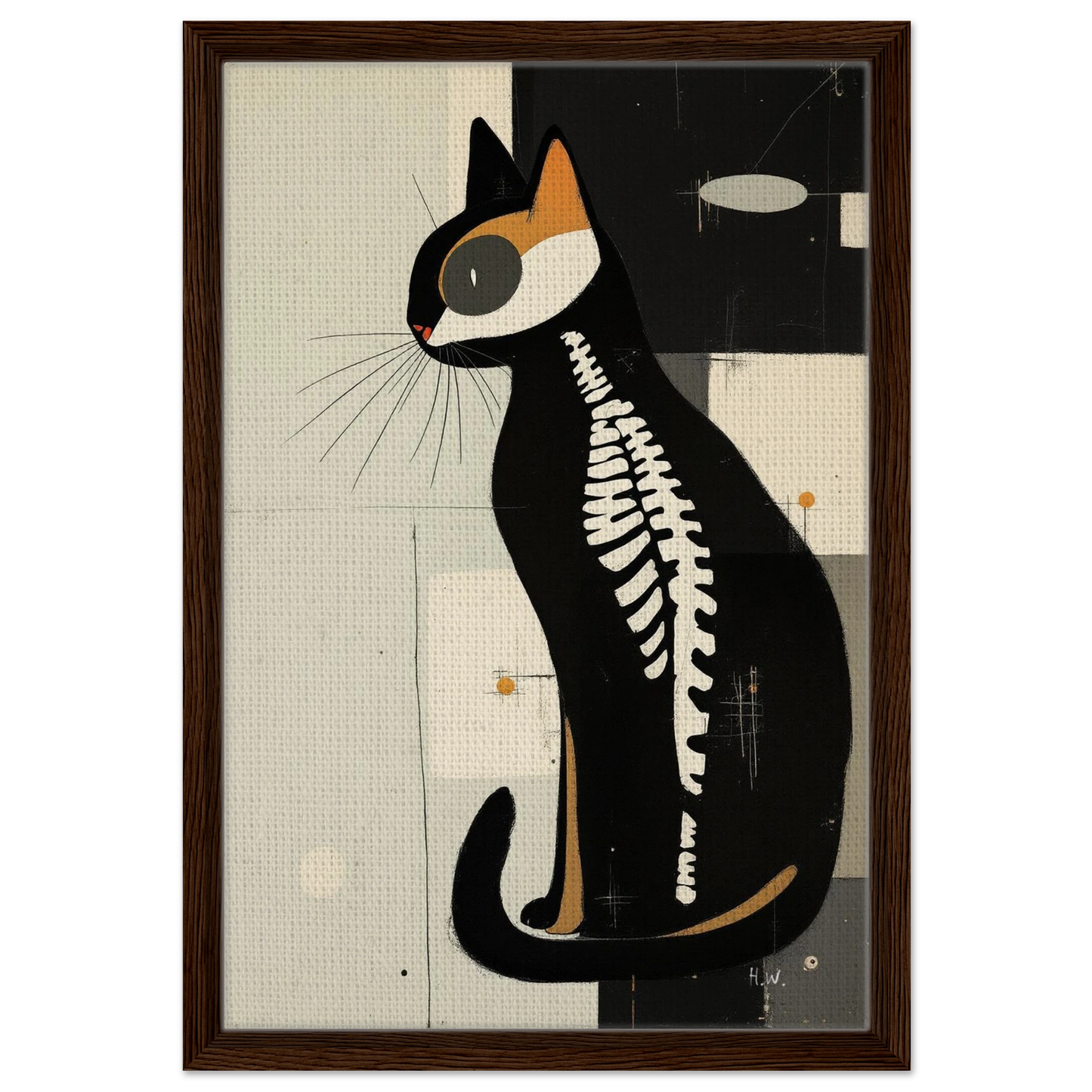 Modern Cat Skeleton Abstract Art Poster Print Dark Brown Wood Frame 40x60 cm 16x24″ Framed Canvas