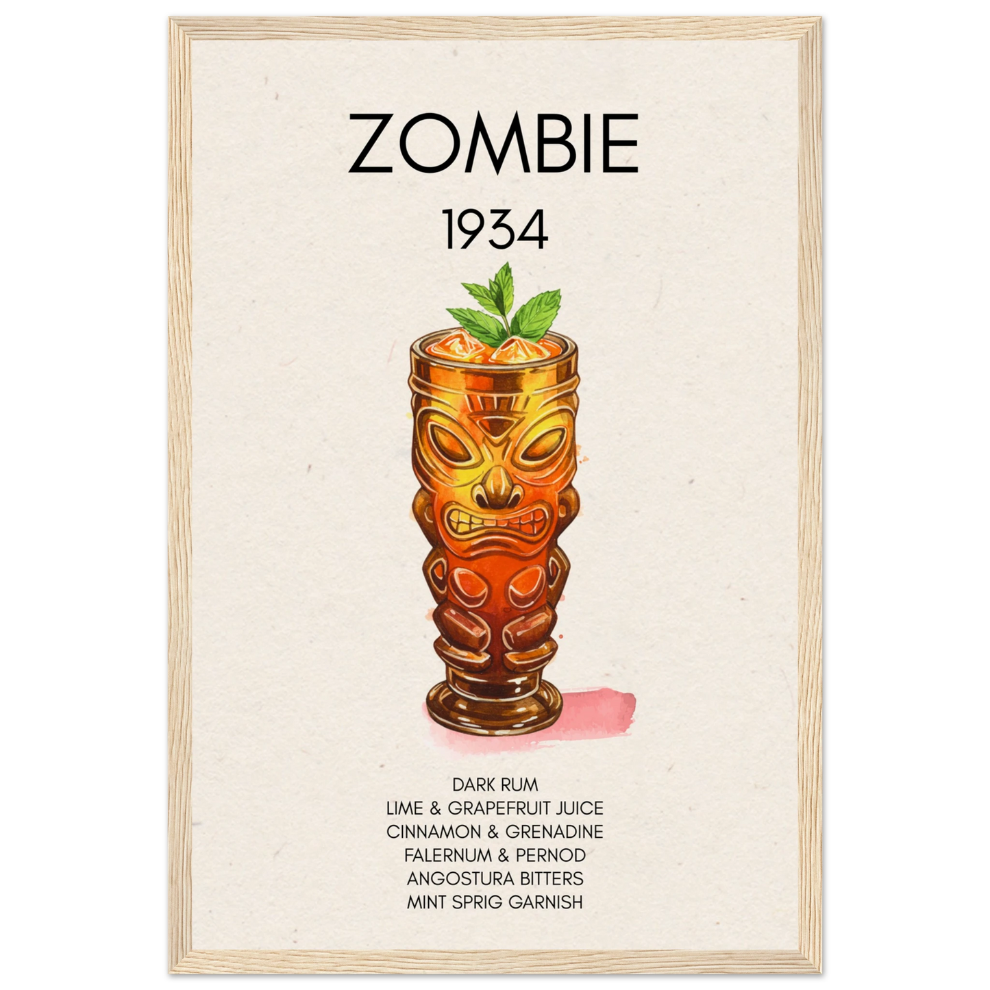 Zombie Tiki Cocktail Bar Poster Print Light Wood Frame 30x45 cm 12x18″ Museum-Quality Matte Paper Wooden Framed Poster