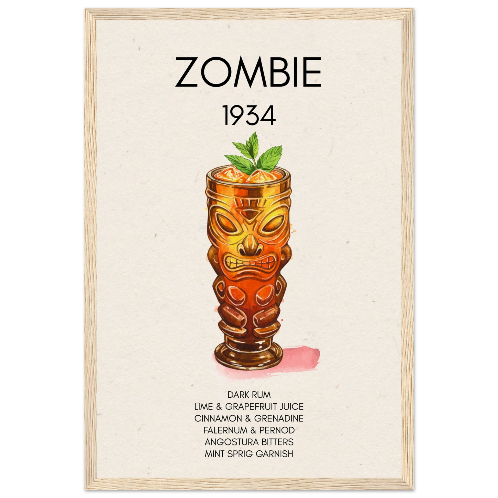 Zombie Tiki Cocktail Bar Art Print Light Wood Frame 30x45 cm 12x18″ Museum-Quality Matte Paper Wooden Framed Poster