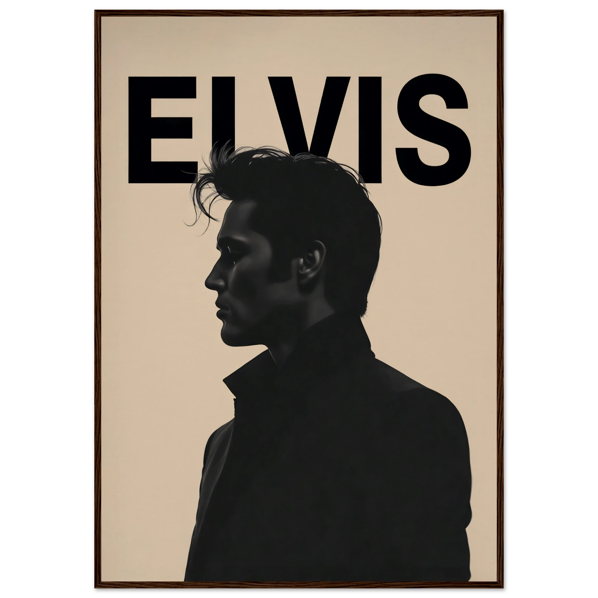 Young Elvis Presley Silhouette Art Print Dark Brown Wood Frame 70x100 cm 28x40″ Museum-Quality Matte Wooden Framed Poster