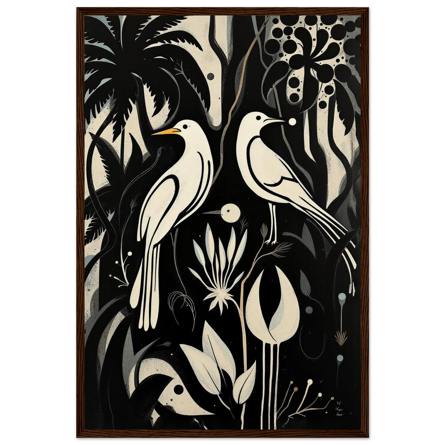 Black & White Minimalist Bird Art Print Dark Brown Wood Frame 40x60 cm 16x24″ Museum-Quality Matte Paper Wooden Framed Poster