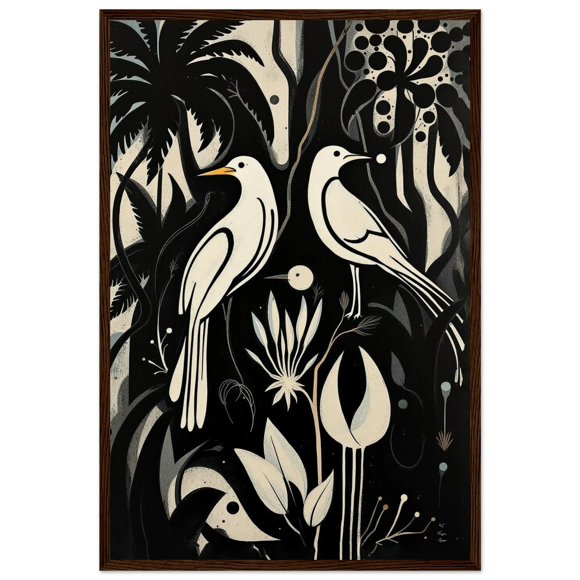 Black & White Minimalist Bird Art Print Dark Brown Wood Frame 40x60 cm 16x24″ Museum-Quality Matte Paper Wooden Framed Poster
