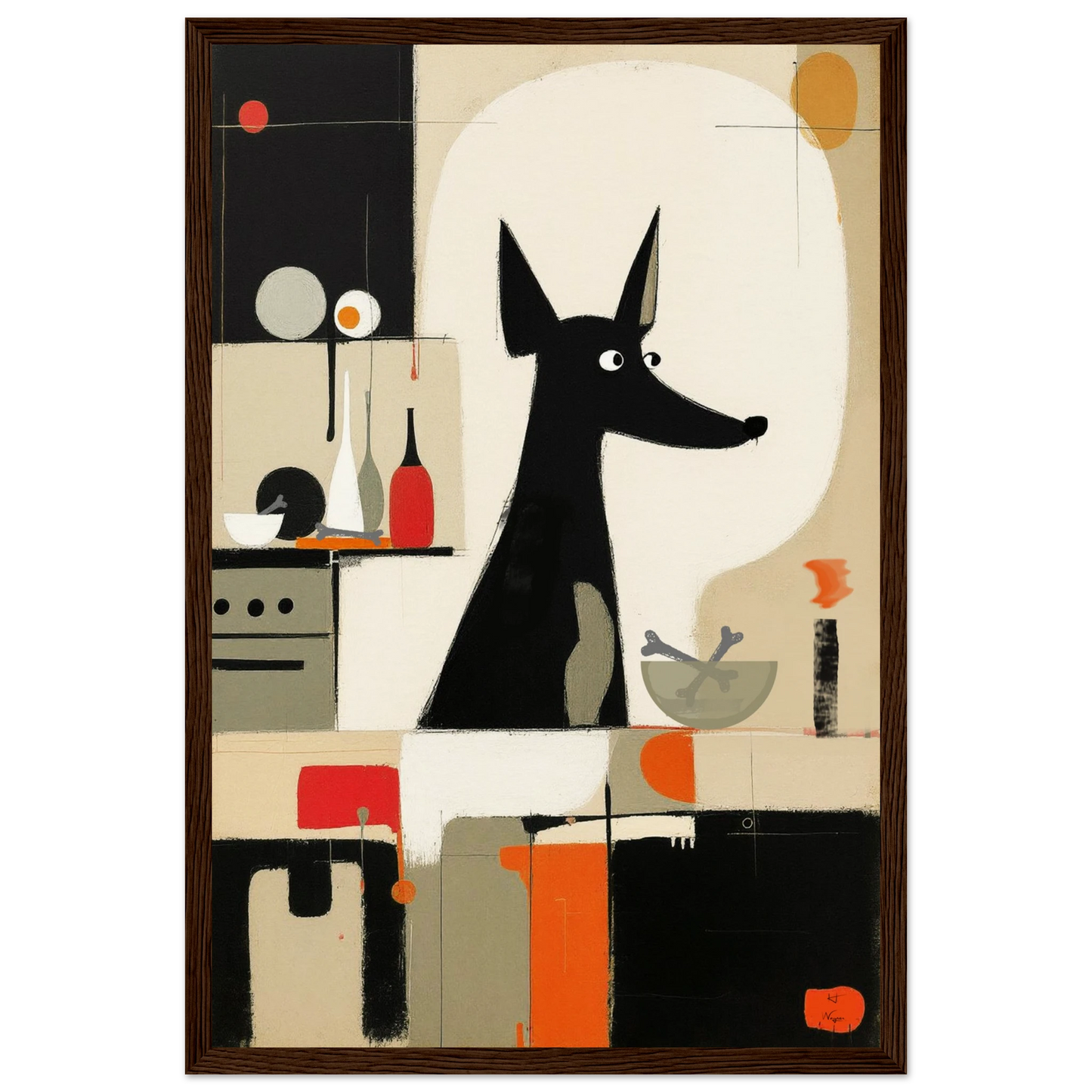 Modern Quirky Abstract Dog Art Print Dark Brown Wood Frame 30x45 cm 12x18″ Museum-Quality Matte Paper Wooden Framed Poster