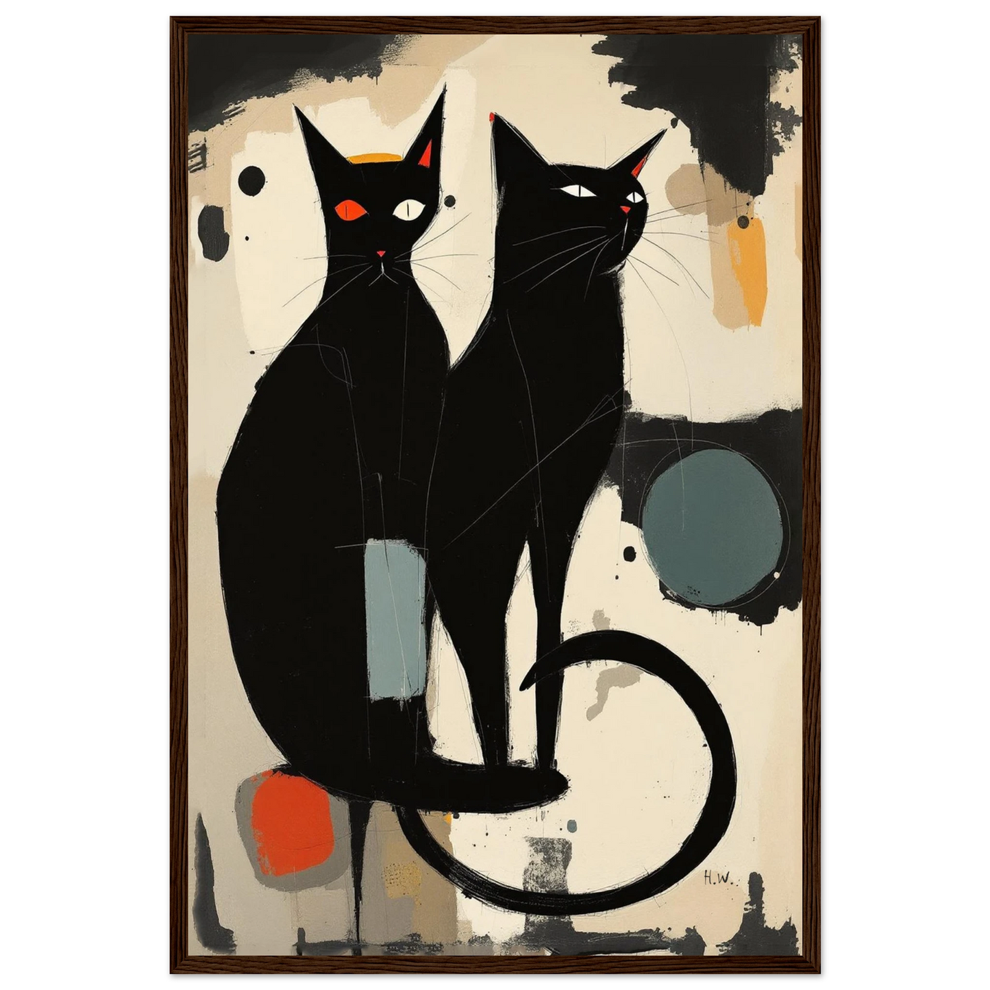 Abstract Crazy Cat Duo Art Print Dark Brown Wood Frame 40x60 cm 16x24″ Premium Matte Paper Wooden Framed Poster