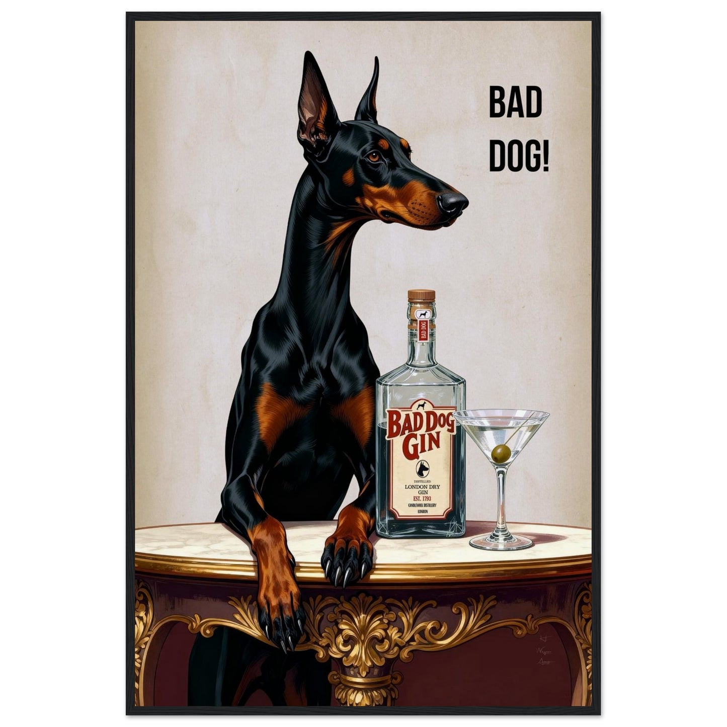 Bad Dog Gin Cocktail Bar Art Print 60x90 cm 24x36″ Museum-Quality Matte Framed Poster Black Wood Frame