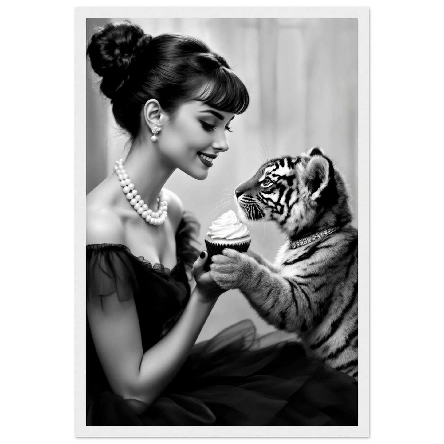 Audrey Hepburn Tiger Cub Art Print White Wood Frame 30x45 cm 12x18″ Premium Matte Paper Wooden Framed Poster