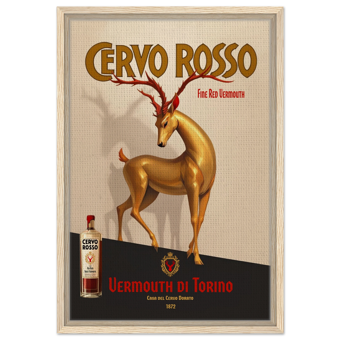 Art Deco Golden Deer Cocktail Bar Poster Print 40x60 cm 16x24″ Framed Canvas Light Wood Frame