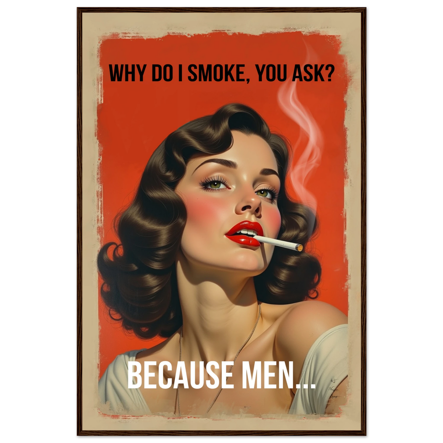 Retro Smoking Pin-Up Girl Art Print Dark Brown Wood Frame 60x90 cm 24x36″ Premium Matte Paper Wooden Framed Poster
