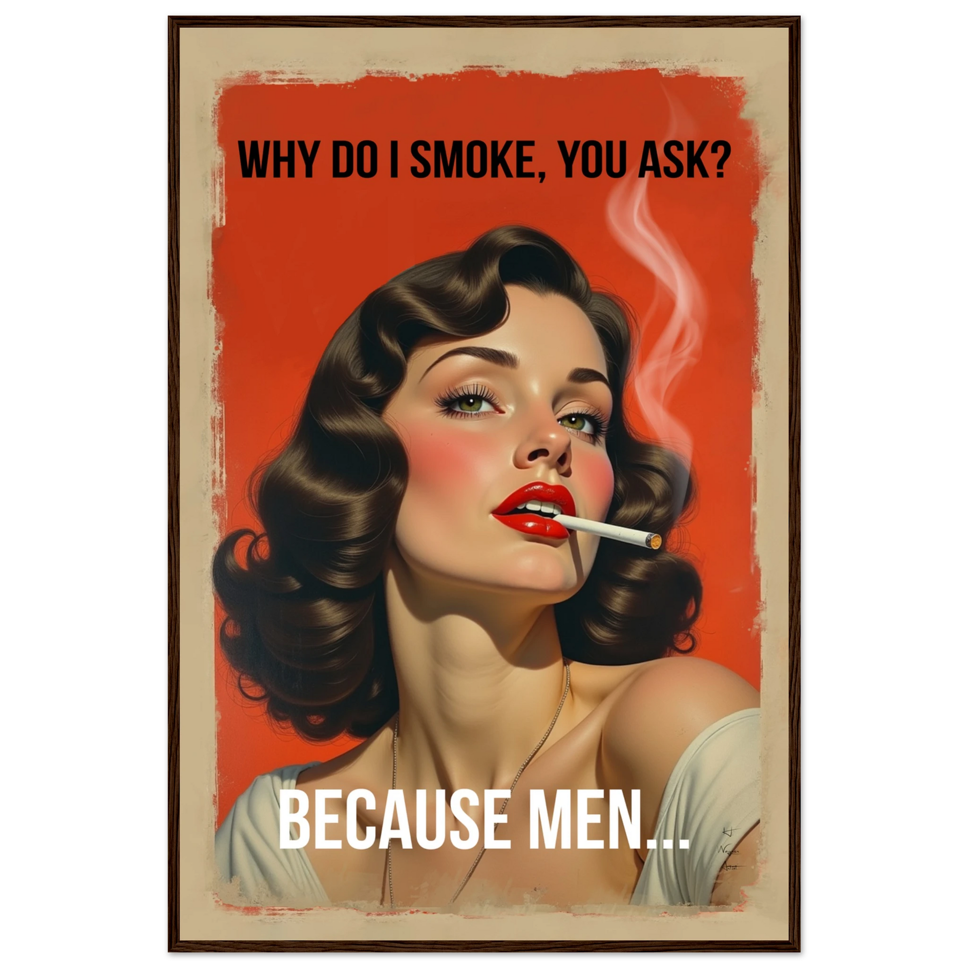 Retro Smoking Pin-Up Girl Art Print Dark Brown Wood Frame 60x90 cm 24x36″ Premium Matte Paper Wooden Framed Poster