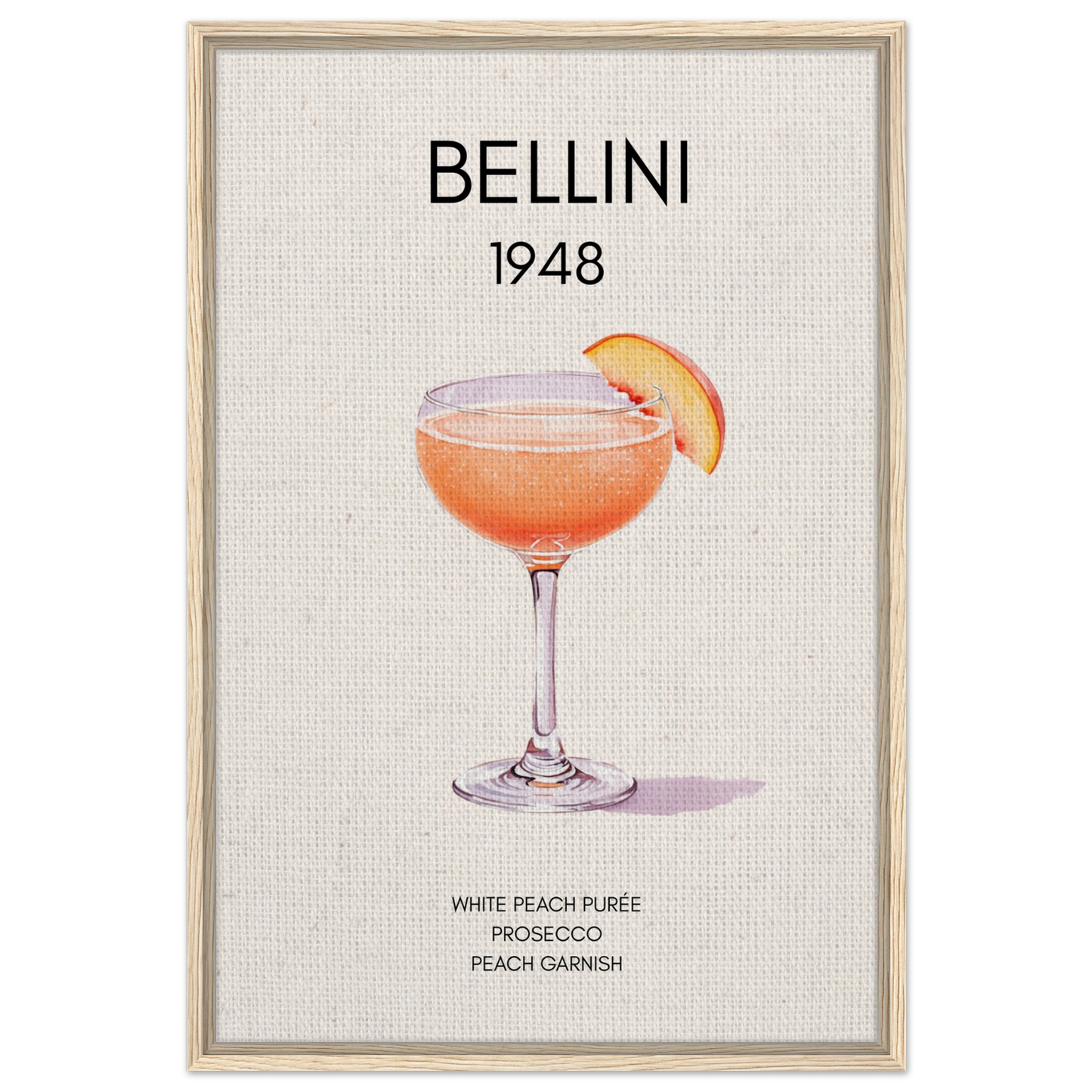 Italian Bellini Cocktail Bar Poster Print 60x90 cm 24x36″ Framed Canvas Light Wood Frame