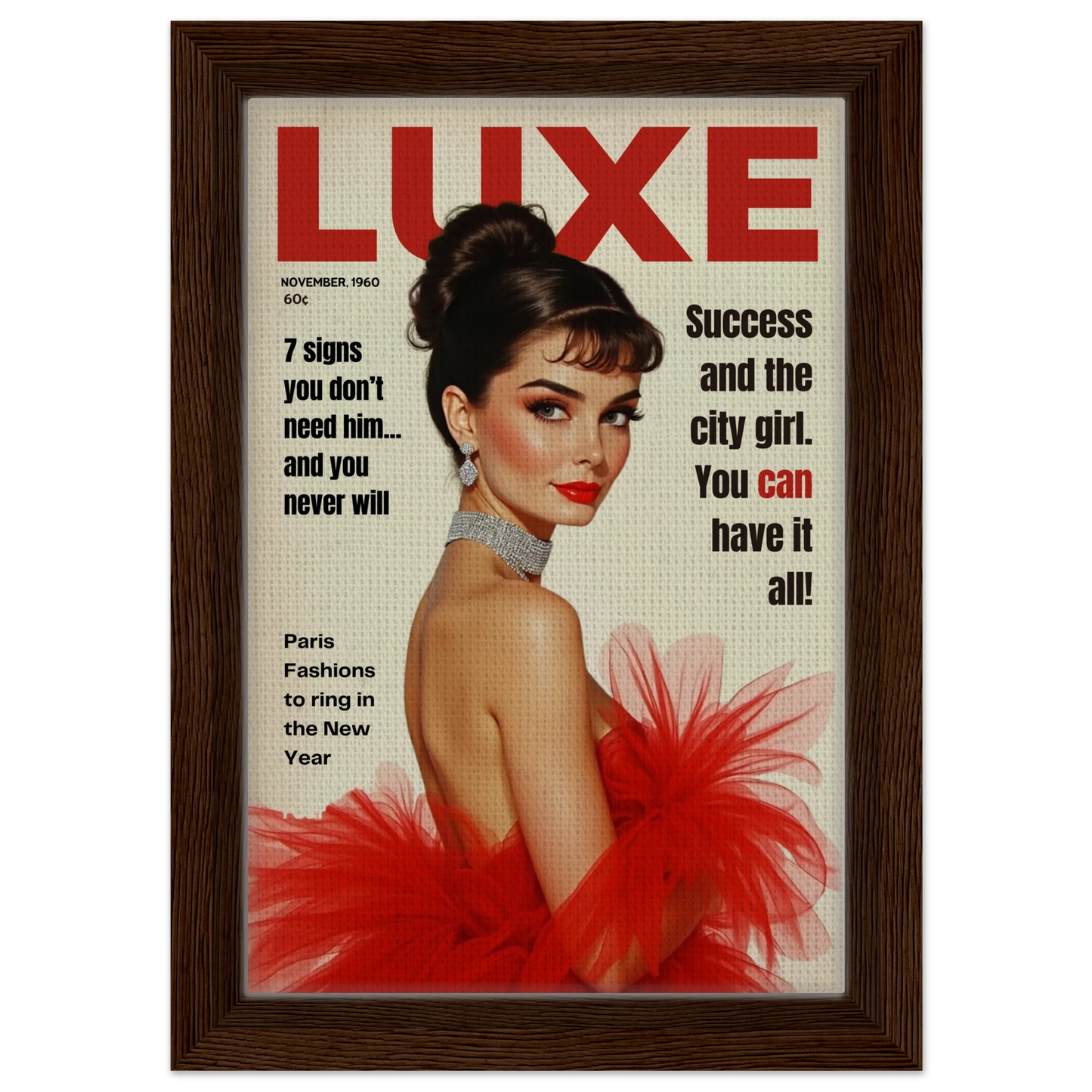 Audrey Hepburn Vintage Fashion Art Print Dark Brown Wood Frame 20x30 cm 8x12″ Framed Canvas