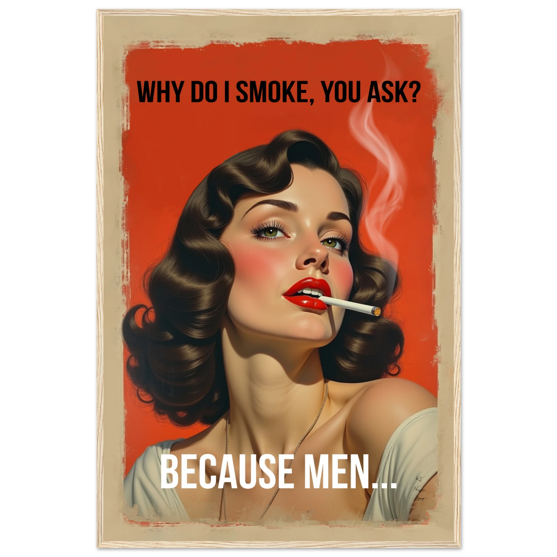 Retro Smoking Pin-Up Girl Art Print Light Wood Frame 60x90 cm 24x36″ Premium Matte Paper Wooden Framed Poster