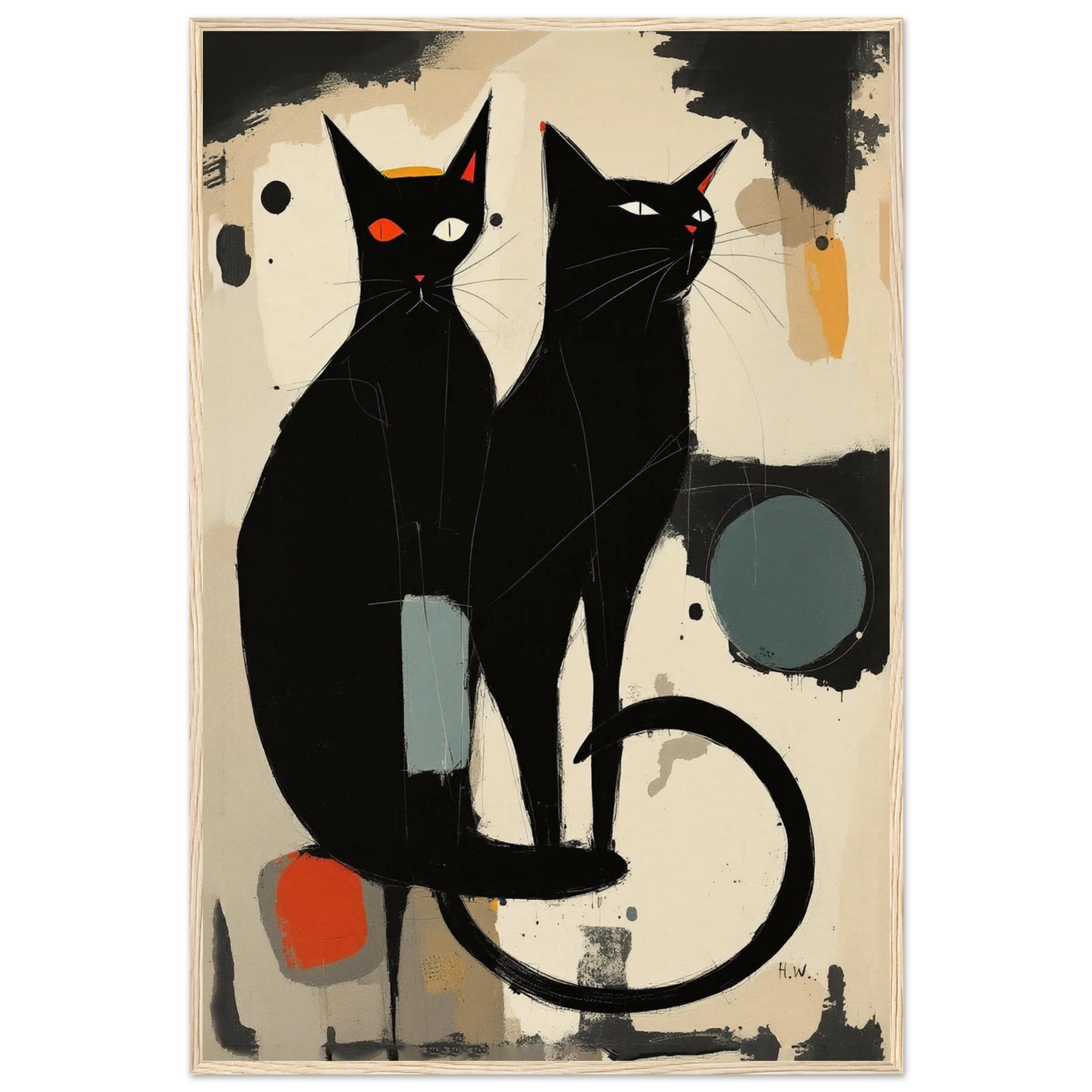 Abstract Crazy Cat Duo Art Print Light Wood Frame 60x90 cm 24x36″ Museum-Quality Matte Paper Wooden Framed Poster