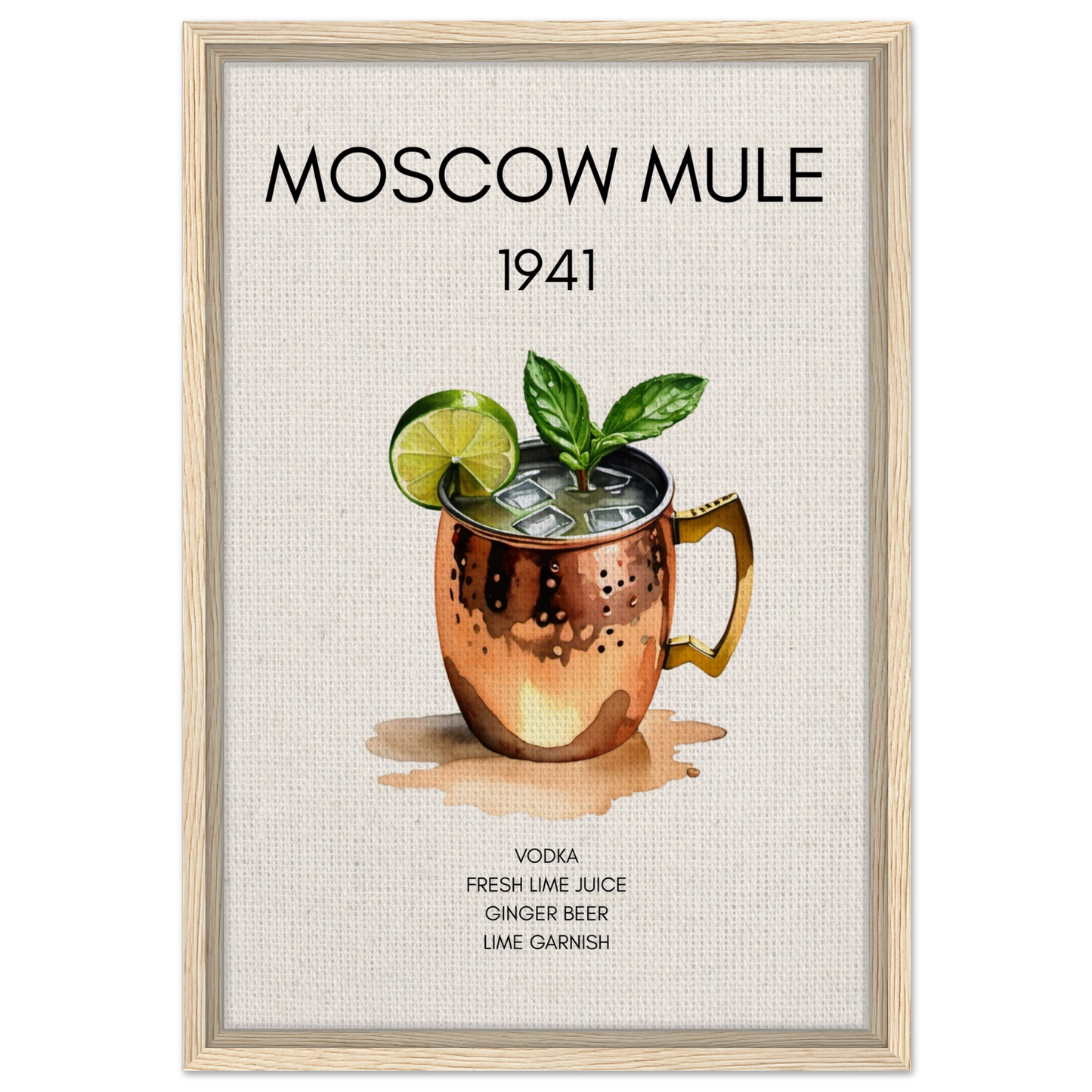 Moscow Mule Cocktail Bar Poster Print Light Wood Frame 40x60 cm 16x24″ Framed Canvas