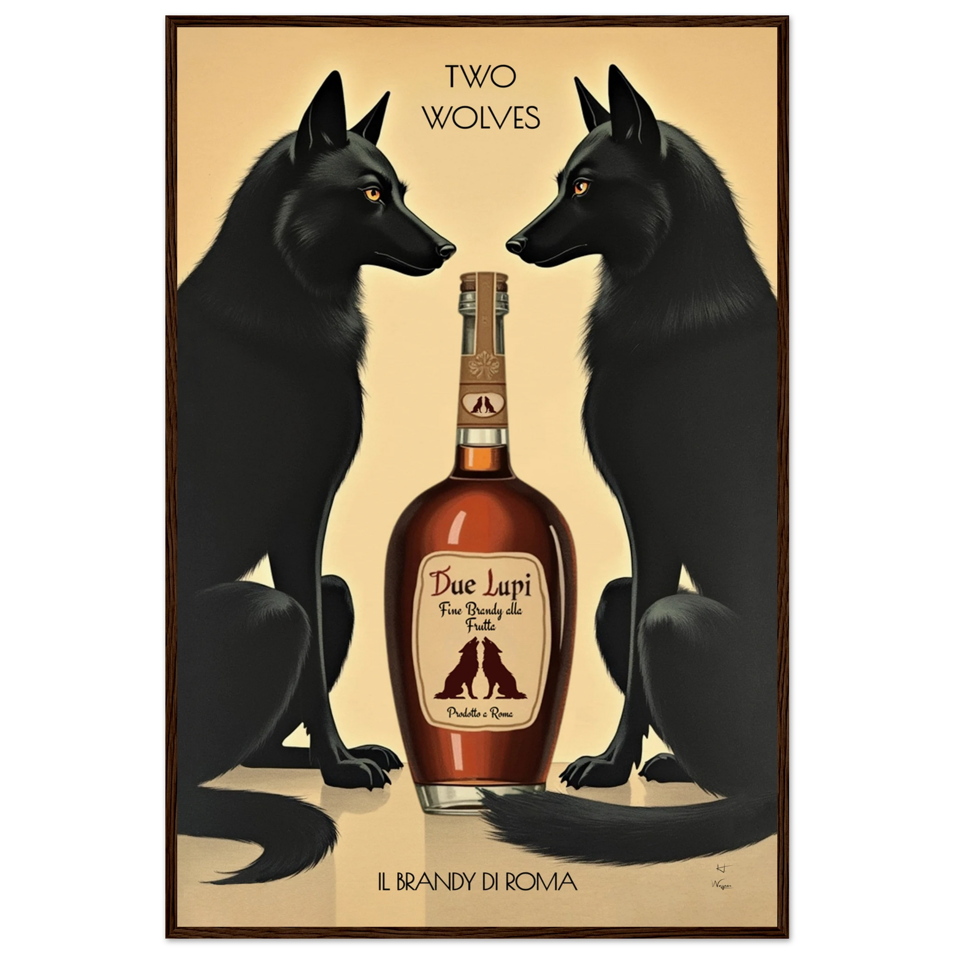 Two Wolves Italian Cocktail Bar Art Print 60x90 cm 24x36″ Museum-Quality Matte Paper Wooden Framed Poster Dark Brown Wood Frame