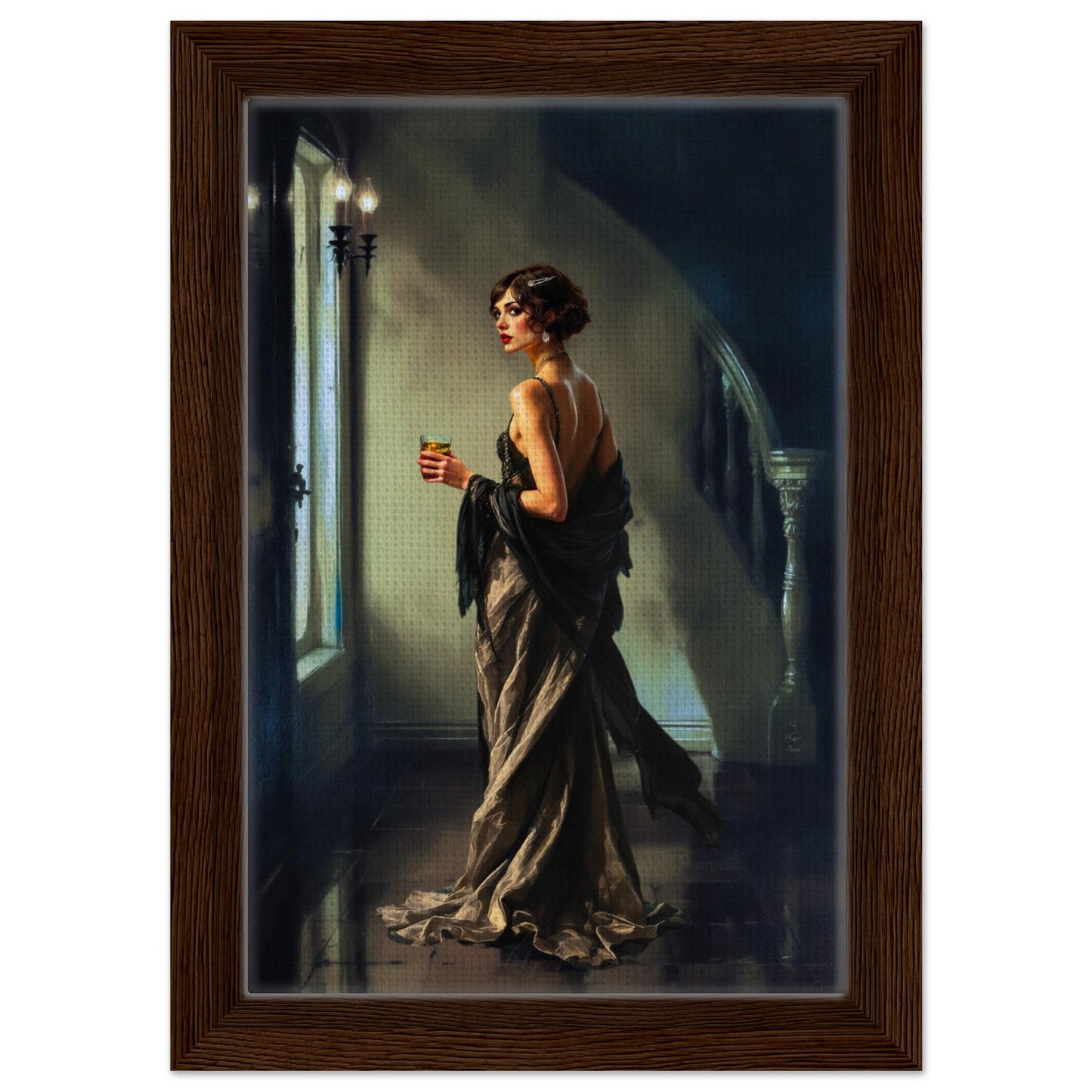 Art Deco Flapper Speakeasy Fine Art Print Dark Brown Wood Frame 20x30 cm 8x12″ Framed Canvas