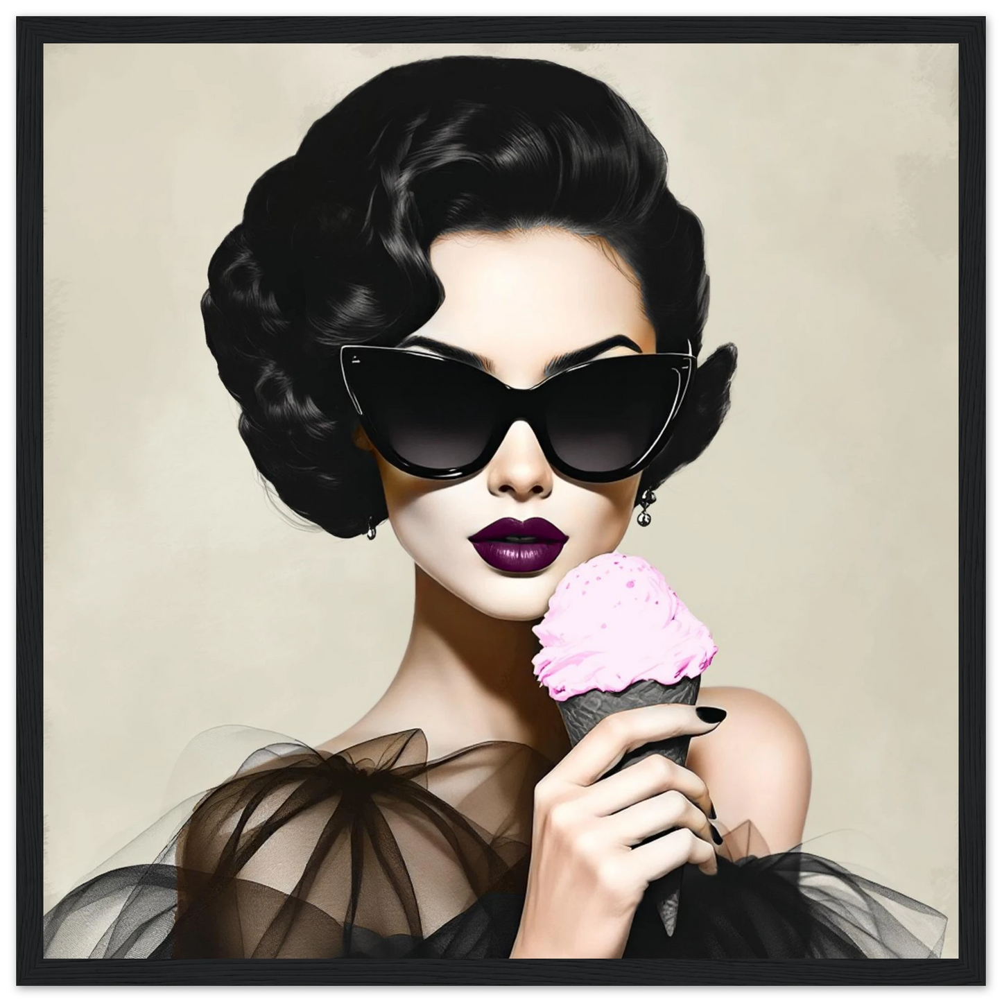 Retro Fashion Model Ice Cream Art Print 40x40 cm 16x16″ Classic Matte Paper Wooden Framed Poster