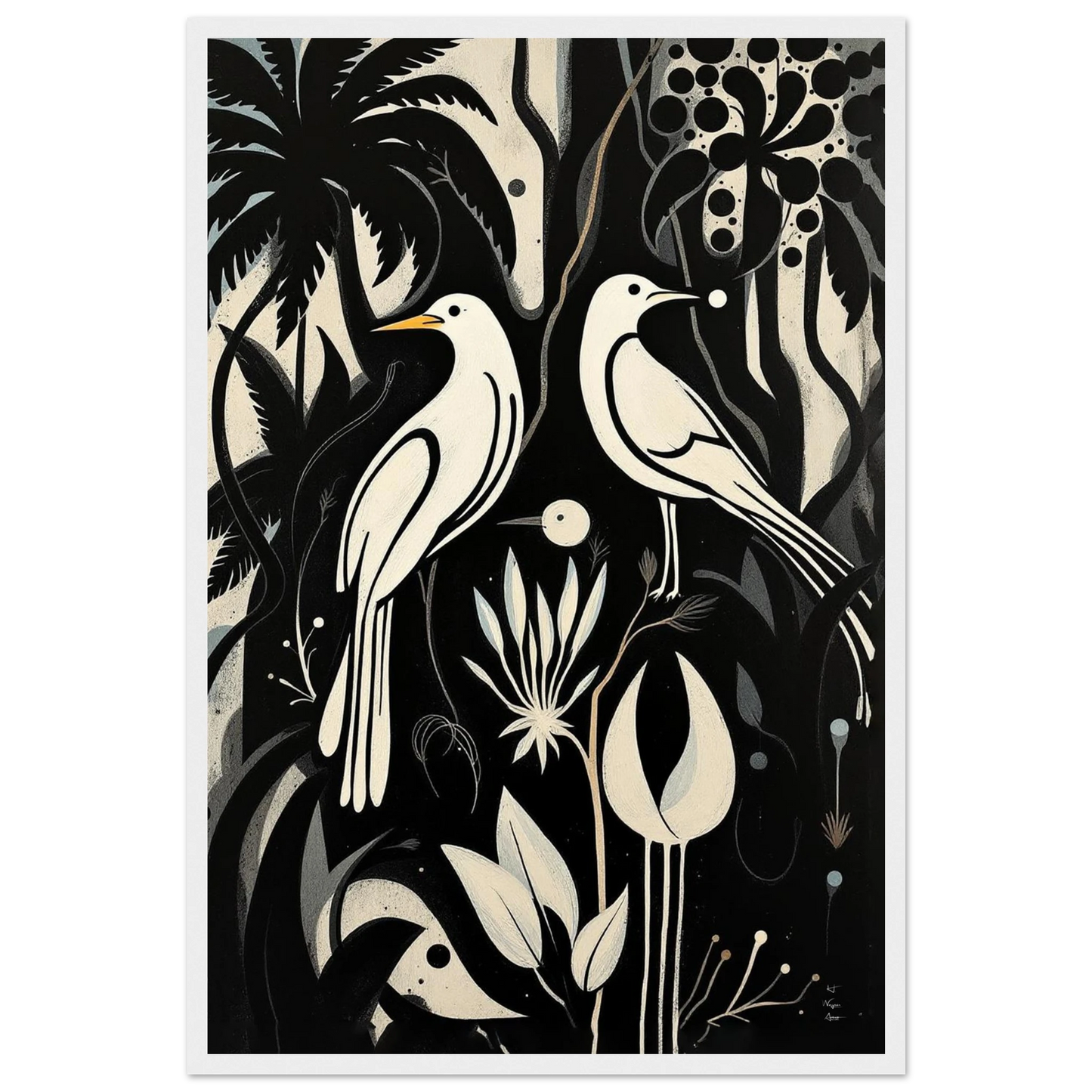 Black & White Minimalist Bird Art Print White Wood Frame 40x60 cm 16x24″ Premium Matte Paper Wooden Framed Poster