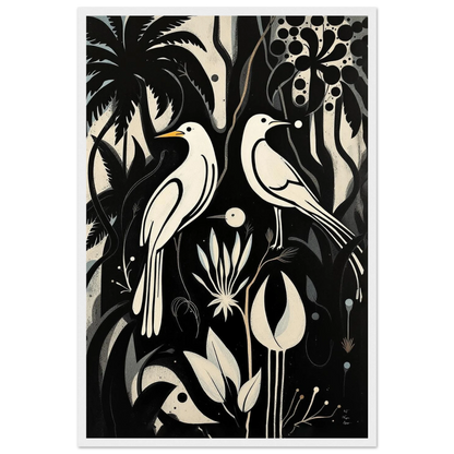 Black & White Minimalist Bird Art Print White Wood Frame 40x60 cm 16x24″ Premium Matte Paper Wooden Framed Poster