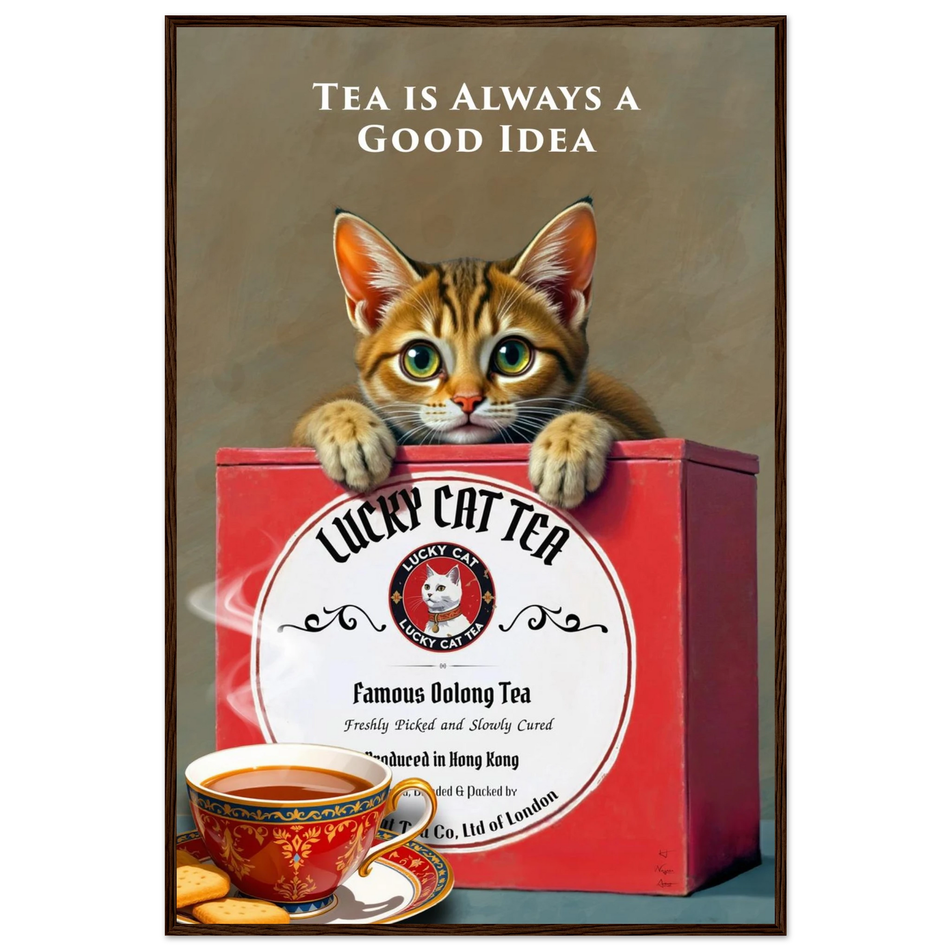 Tabby Lucky Cat Tea Vintage Kitchen Art Print Dark Brown Wood Frame 60x90 cm 24x36″ Classic Matte Paper Wooden Framed Poster