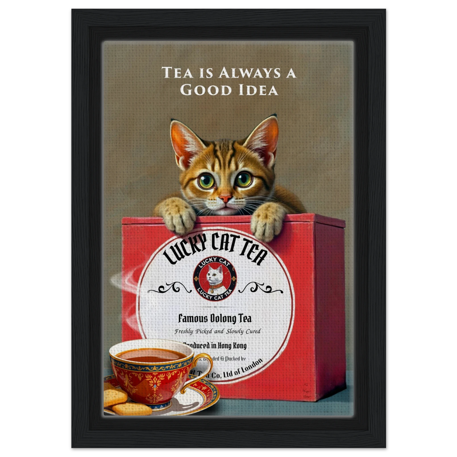Tabby Lucky Cat Tea Vintage Kitchen Art Print Black Wood frame 20x30 cm 8x12″ Framed Canvas
